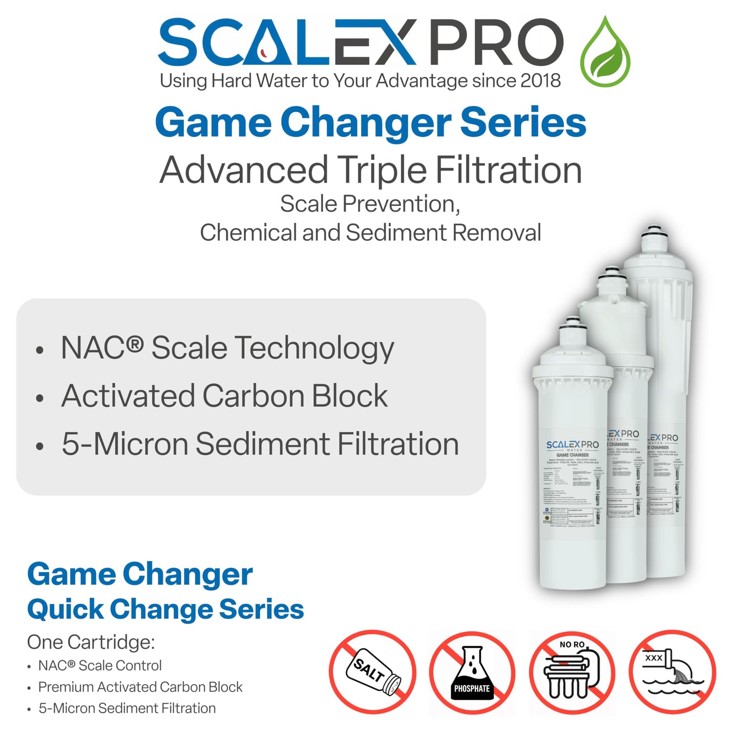 ScaleX Pro Game Changer 12” Hard Water Scale Prevention Filter – Salt-Free NAC Technology Prevents Scale Up to 26 Grains, Removes Chlorine & Other Common Municipal Water Chemicals, 6,000 Gallons