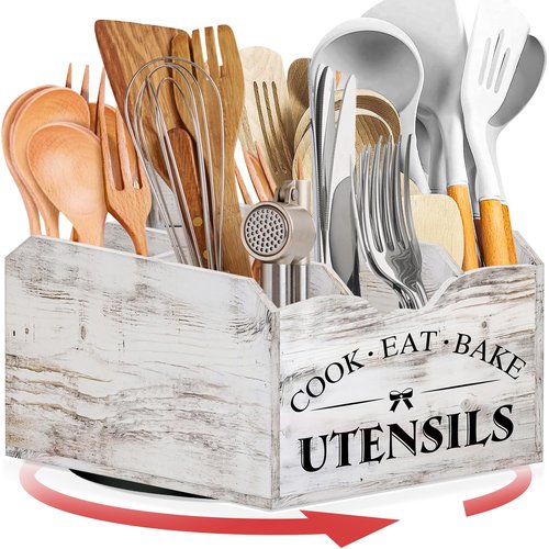 Bewbow [Upgraded] Extra Large Kitchen Utensil Holder for Countertop with 360° Rotating Base, 6 Compartments, Removable Divider, Wooden Utensil Organizer for Countertop, Farmhouse Kitchen Decor