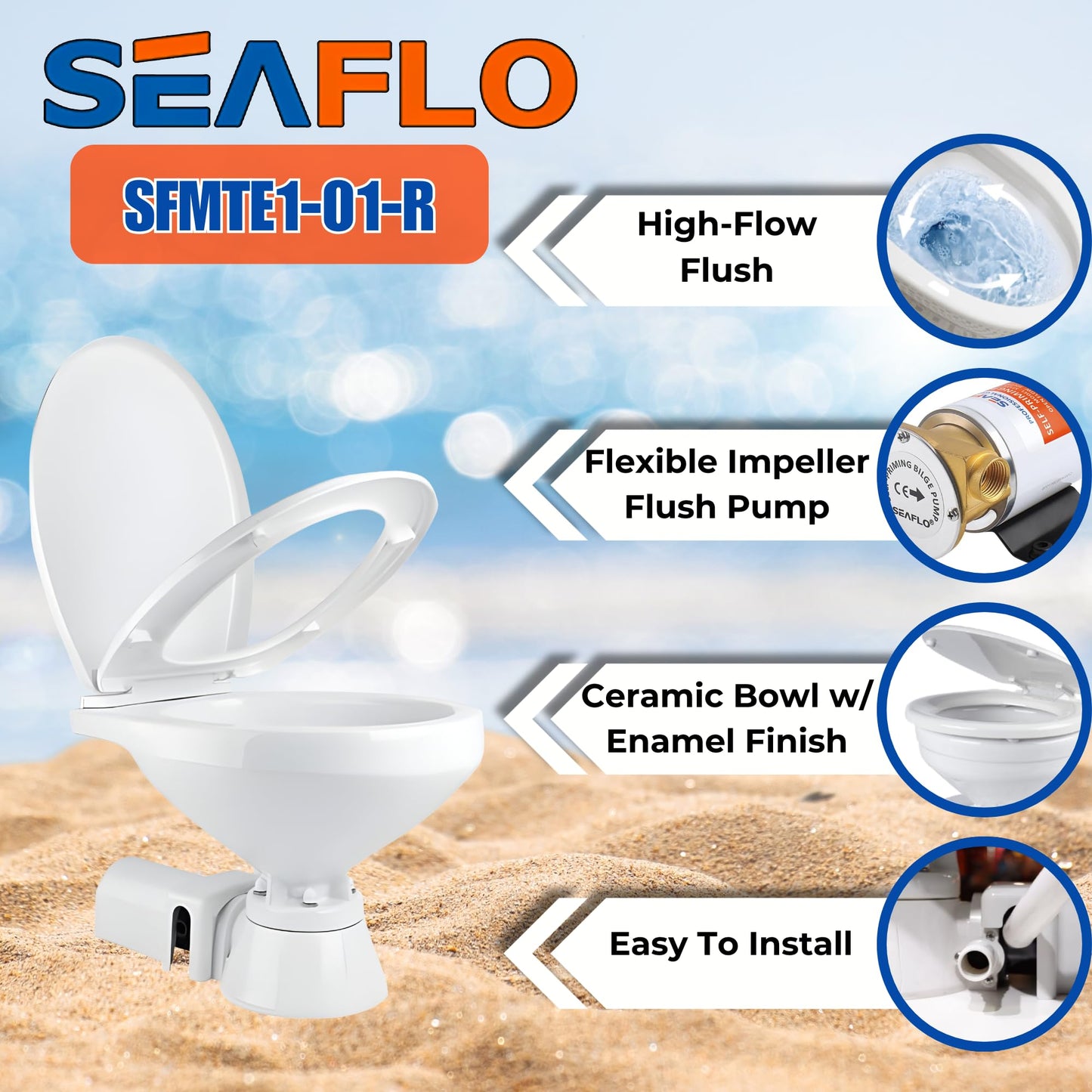 SEAFLO 12V Electric Flush Marine Toilet – Large Size Marine Head – Corrosion Resistant Construction – Built-In Backflow Preventer – Stainless Steel Shaft – Permanent Magnet Motor - 4 Year Warranty!