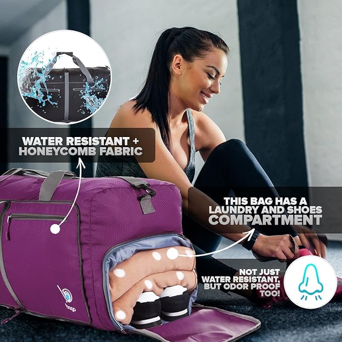 Bago Large Foldable Duffel Bags for Traveling Women & Men - 80L Packable Duffle Bag for Travel with Shoe Compartment - Water Repellant, Heavy Duty, Lightweight Folding & Collapsible (Purple)