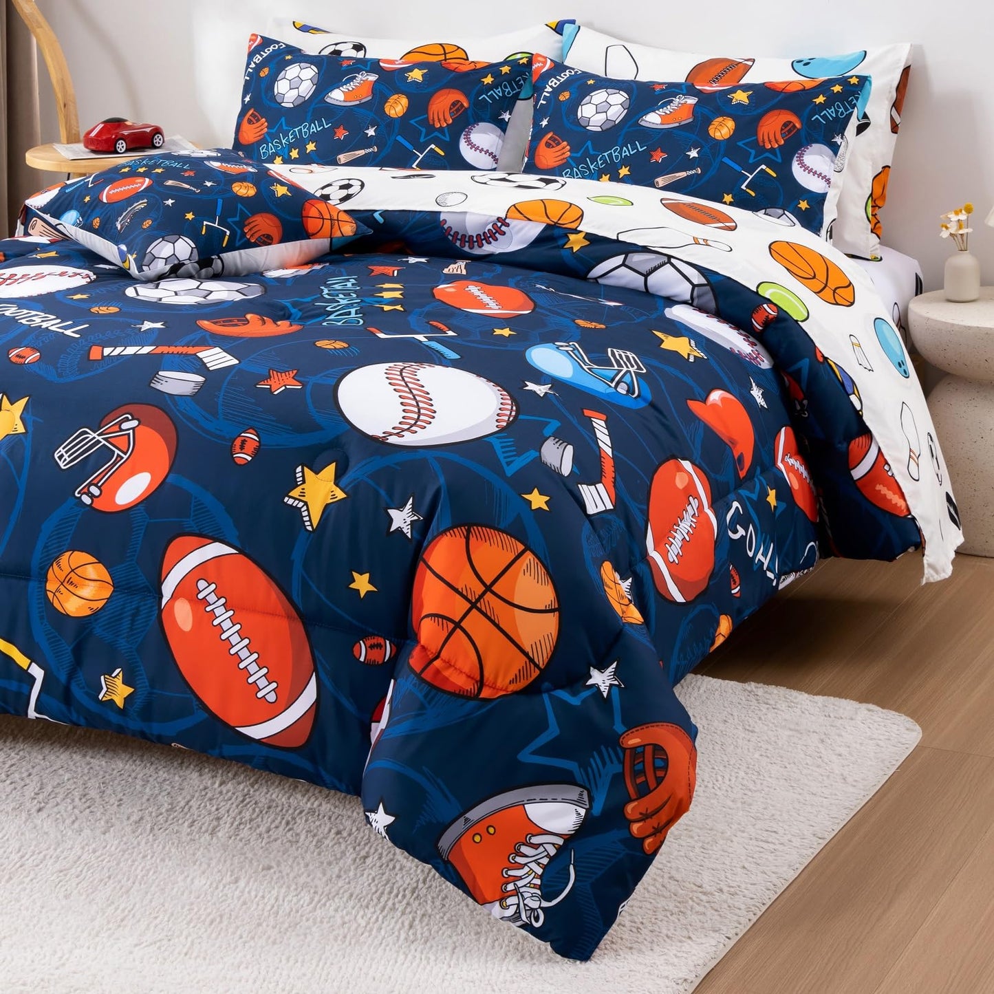 A Nice Night 6Pcs Bed in A Bag Full Sports Microfiber Modern Comforter Set,Navy Rugby Ball Printed Bedding Collections,for Boys Kids Teen