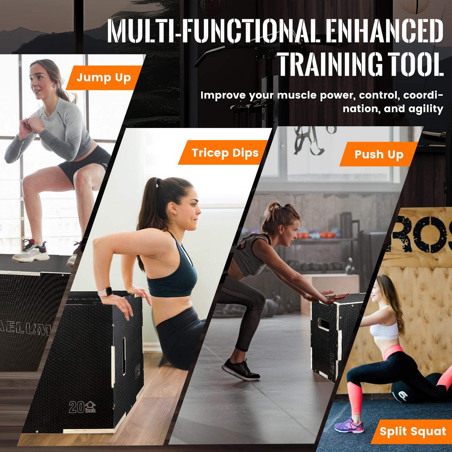 CAELUM 3-in-1 Wooden Plyo Box – 400lbs Heavy-Duty Jump Box for Home & Gym, Non-Slip Plyometric Box for Step-Ups, Squats & Strength Training