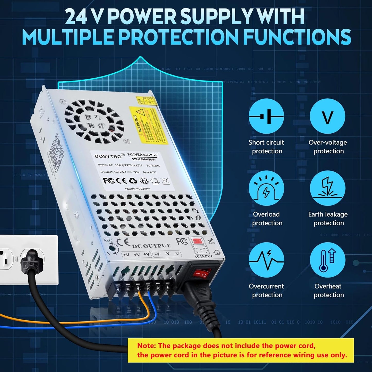 BOSYTRO 24V 20A 480W AC110V/220V 24 3D Upgraded Output Port DC Switching Power Supply, Universal Transformers (SMPS)