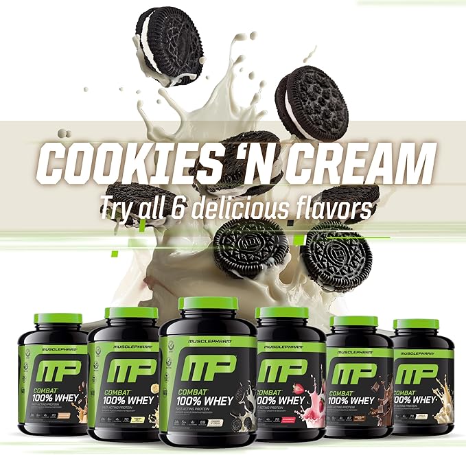 MusclePharm Combat 100% Whey Protein Powder, Cookies ?˜N??Cream Flavor, Fast Recovery & Muscle Gain with Whey Protein Isolate, High Protein Powder for Women & Men, Gluten Free, 5 lb, 69 Servings