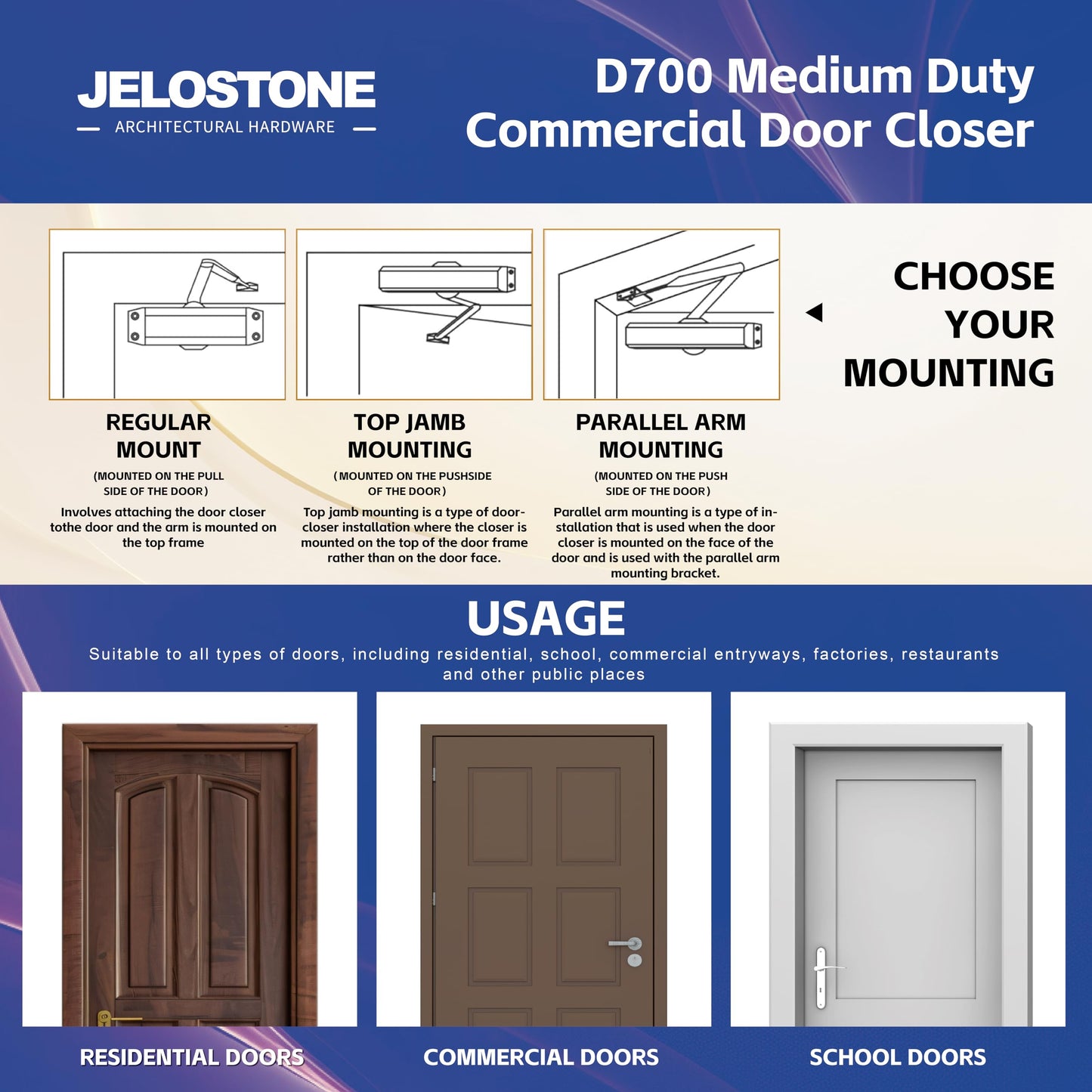 JELOSTONE Medium Duty Commercial Door Closer D700, UL 3 Hour Fire Rated, Fixed Size #3 Spring Power and 3 Valves Closing/Latching/Backcheck, Door (55-150LB/33-36 in), Indoor/Outdoor (White Coated)