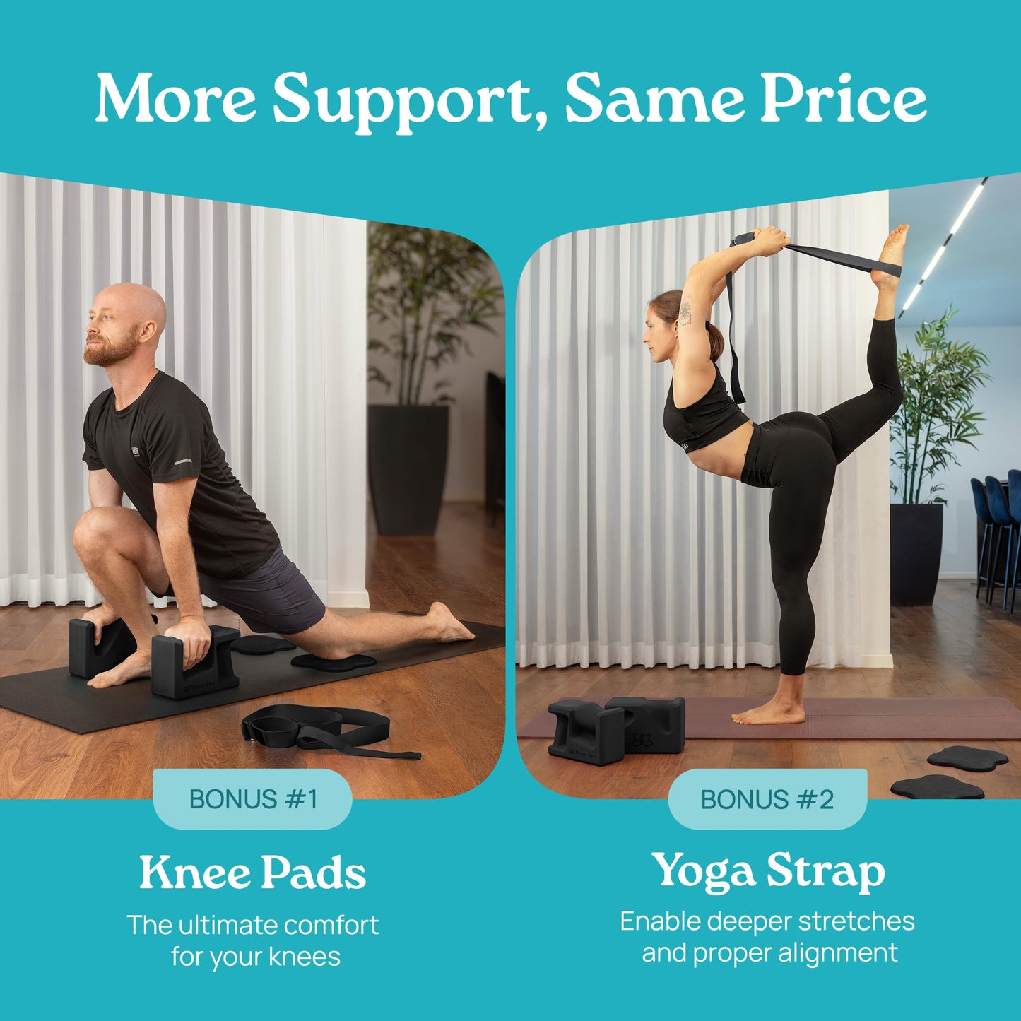 Deep-Zen PRO Yoga Blocks | Ergonomic Yoga Block 2 Pack for Wrist Comfort and Support | EVA Foam Exercise Blocks, 2x Knee Pads & Yoga Strap | Pilates Block Set | Bricks to Eliminate Wrist Pain, Black