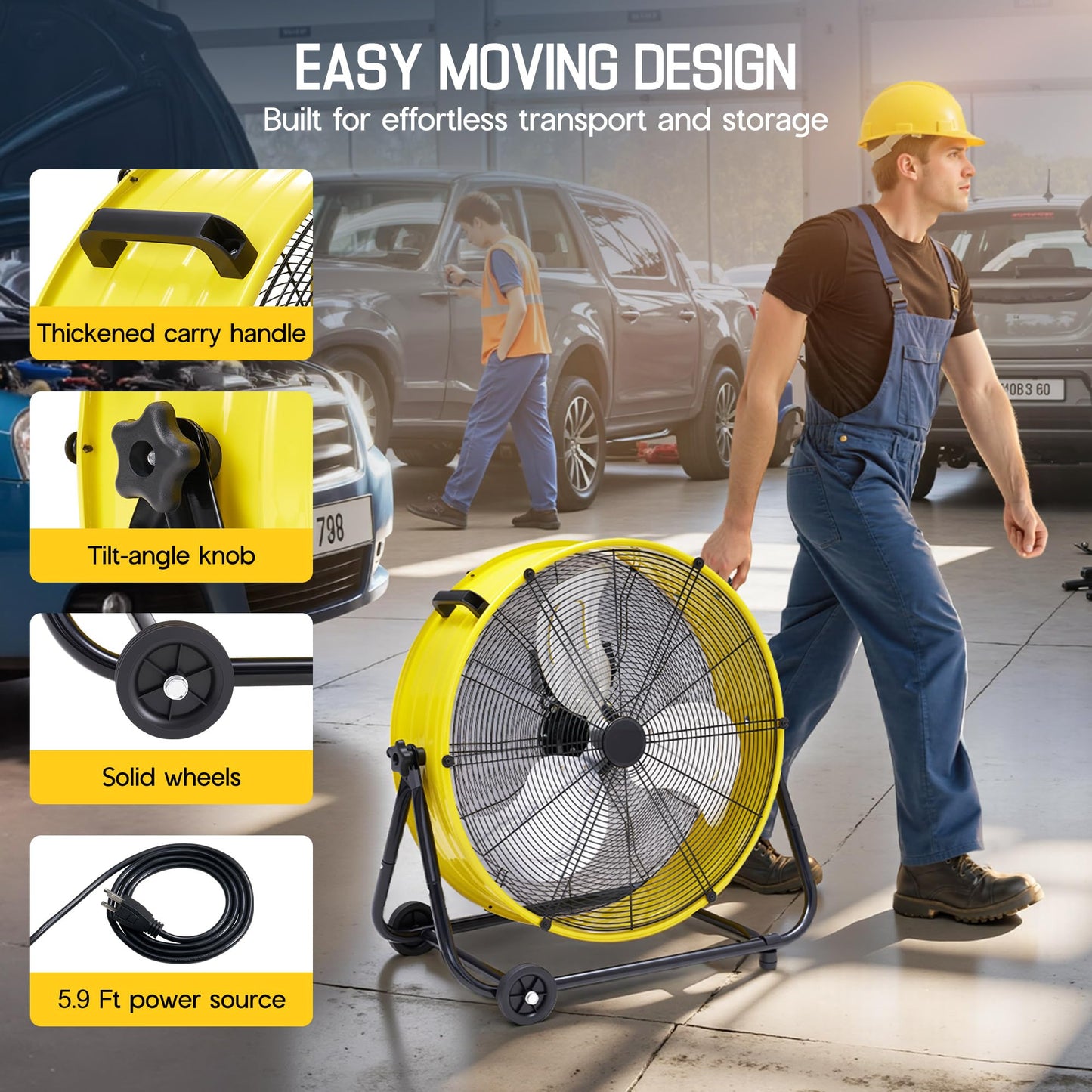 Albott 24 Inch Industrial Floor Fan, High Velocity Drum Fan with 3 Speeds, Heavy Duty Metal Shop Fan with Wheels for Warehouse, Workshop, Garage, Factory Use