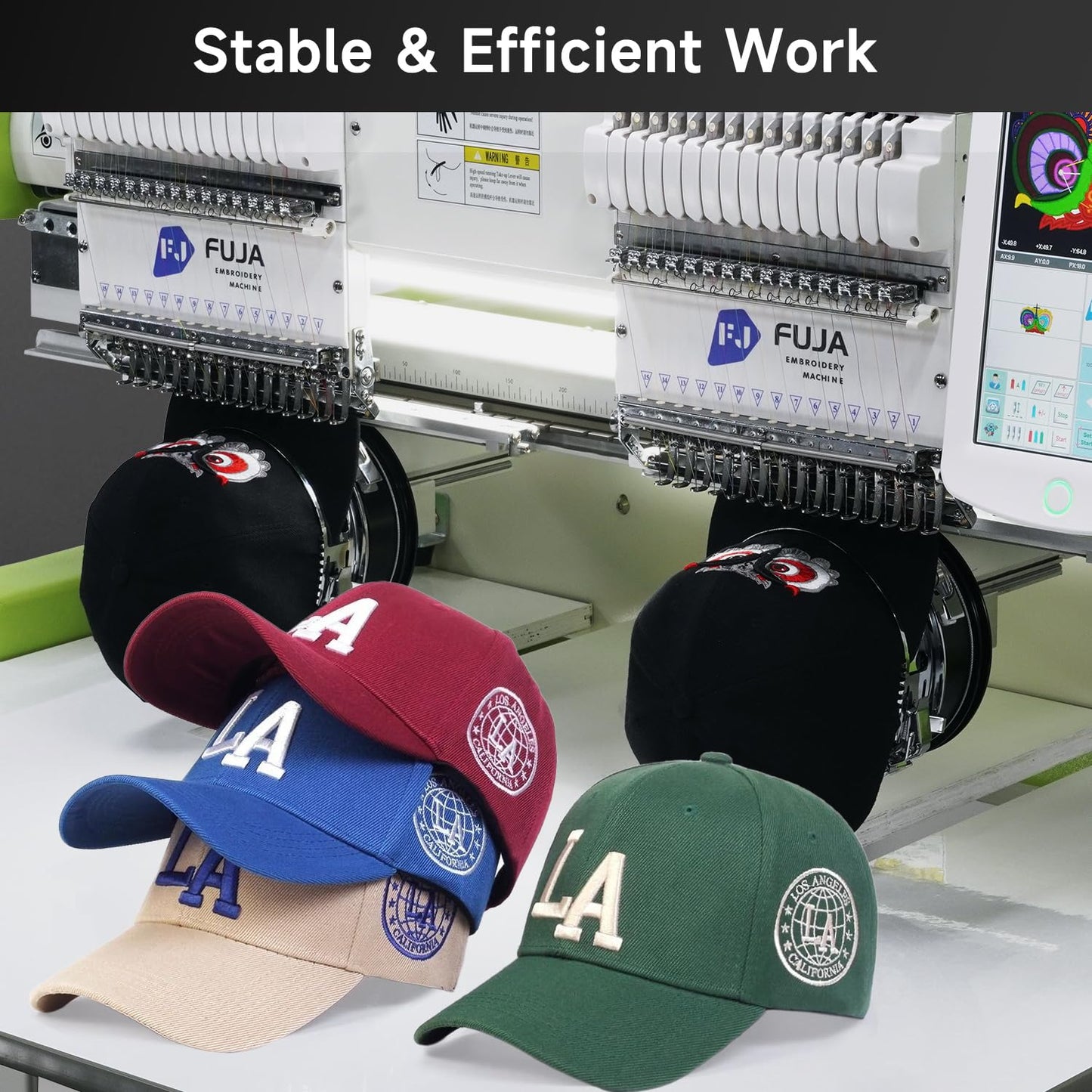 FUJA Embroidery Machine with 2 Heads 15 Needles 1200 SPM Max Speed 10" Touch Screen Embroidery Area 15.7" × 19.7" Wifi available suitable for 3D Caps Flat T shirt Embroidery and so on