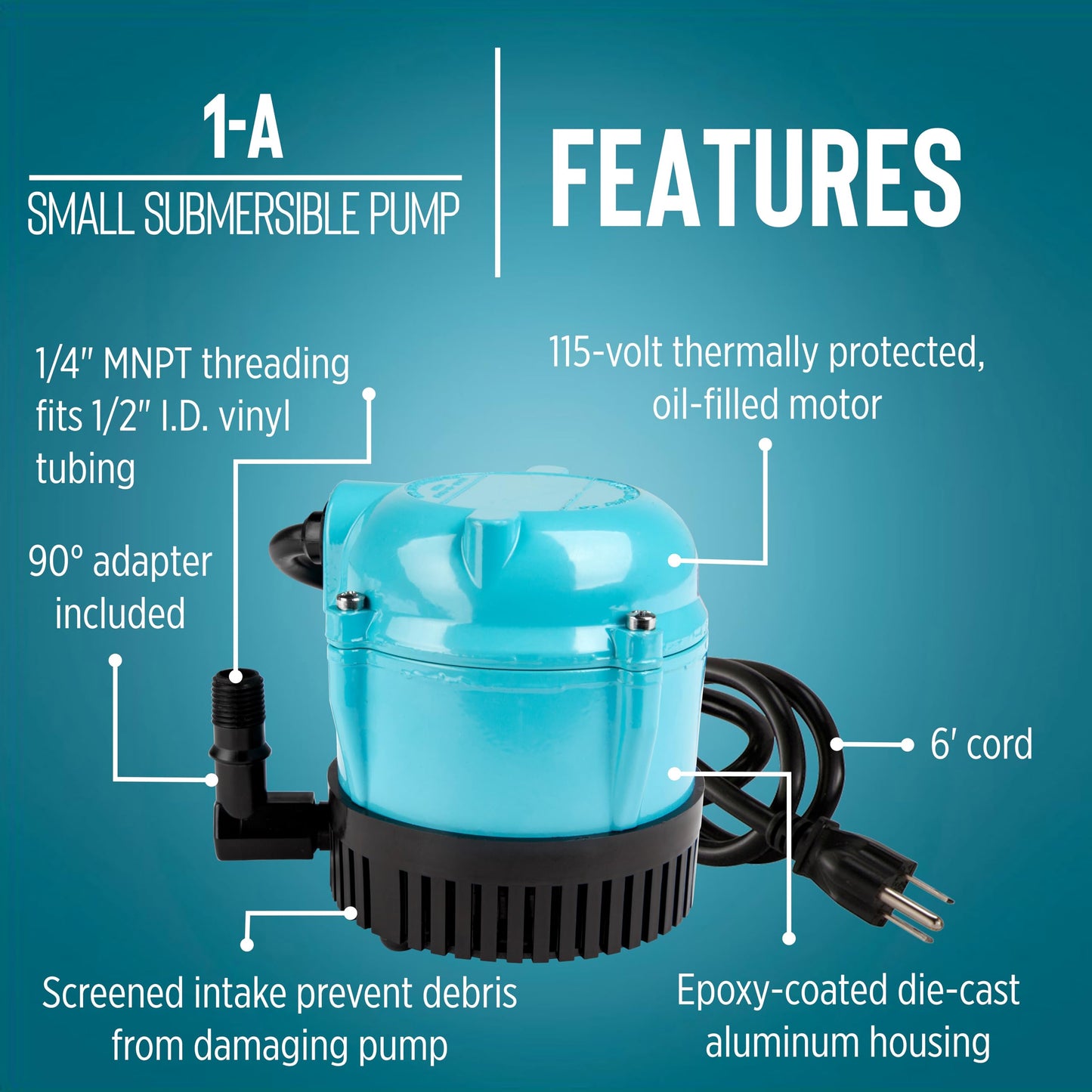Little Giant 1-A 115 Volt, 1/200 HP, 170 GPH Small Submersible Permanently Oiled Pump for Fountain, Water Displays and Air Conditioners, 6-Foot Cord, Blue, 500203