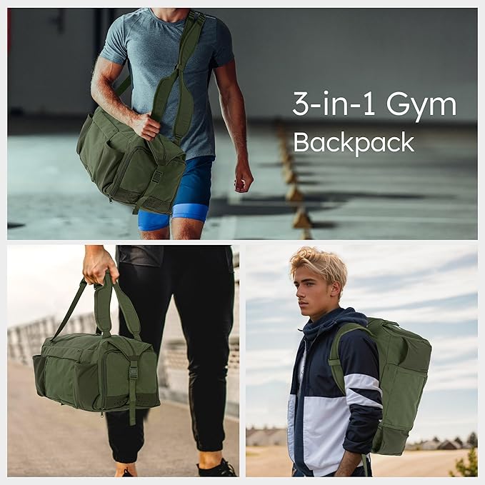Small Gym Bag for Men with Shoes Compartment and Wet Pocket Convertible Duffle Bag and Gym Backpack Waterproof Sports Bag with 2 Bottle Holders Weekender Overnight Bag - Dark Green