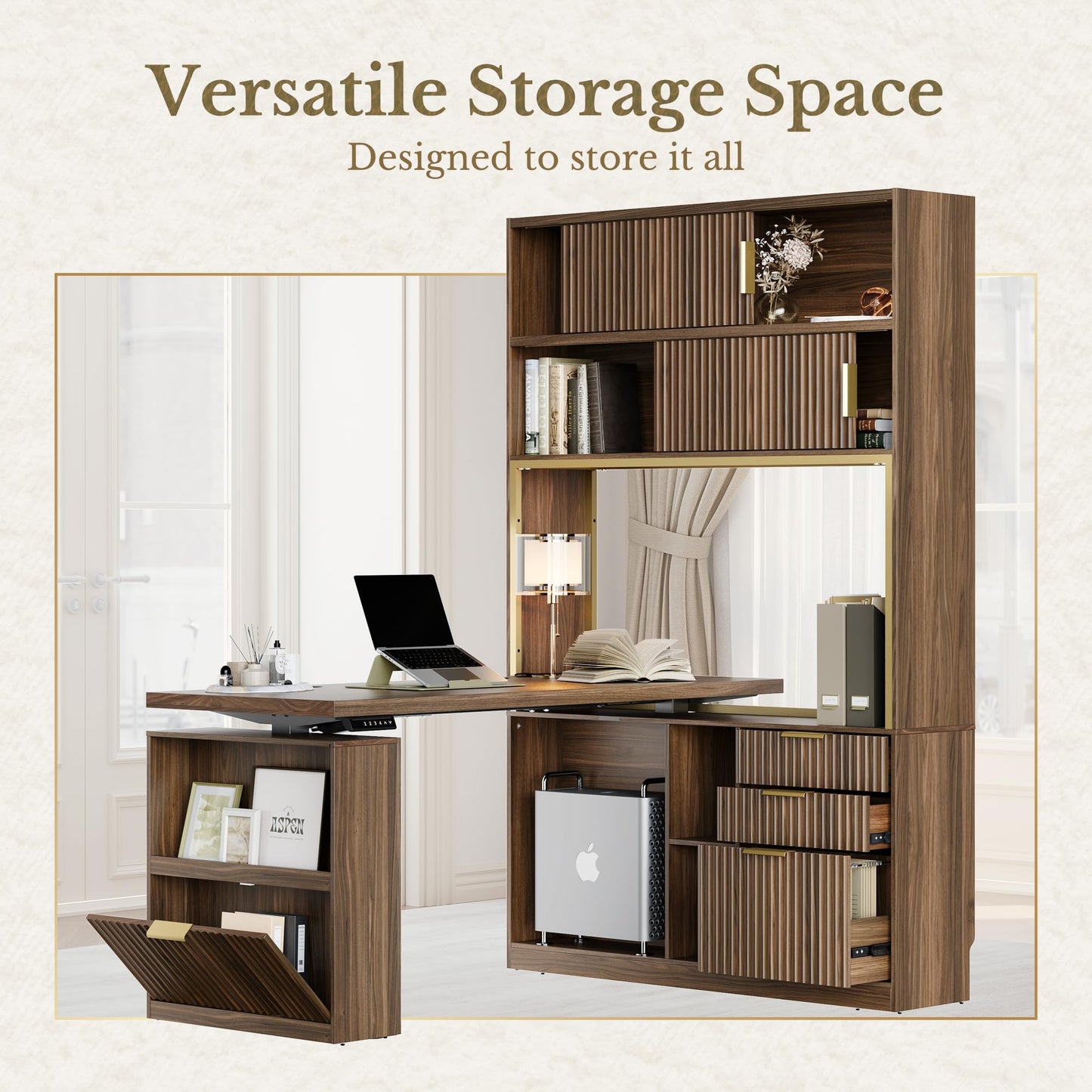 Perledesign 60'' L Shaped Standing Desk with Hutch, Fluted Executive Electric Desk with 2 Drawers and File Cabinet & Power Outlets, Corner Computer Desk with Storage for Home Office, Black Walnut