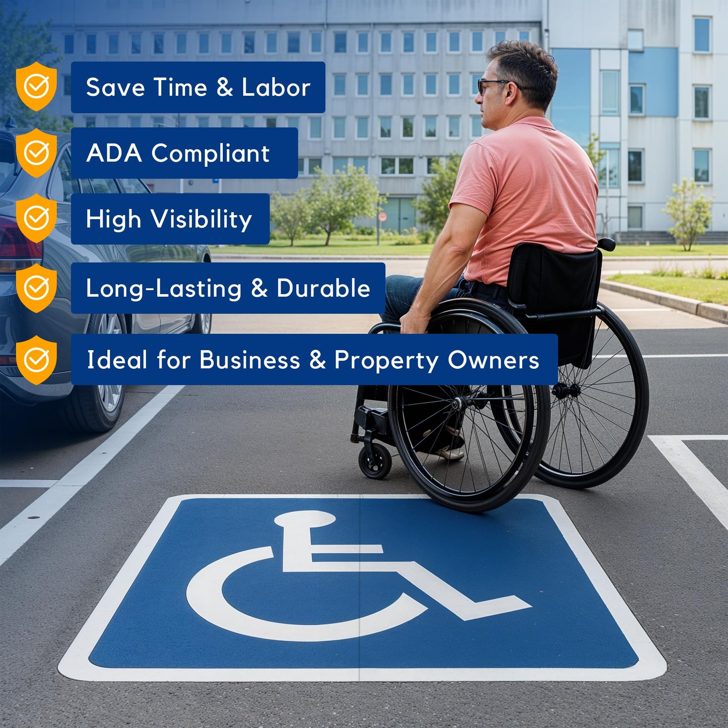 Handicap Parking Sign- Heat Applied Preformed Reflective Pavement Marking Sign for ADA Compliant Parking Lots, DuraMark, Blue and White, 48" x 48"