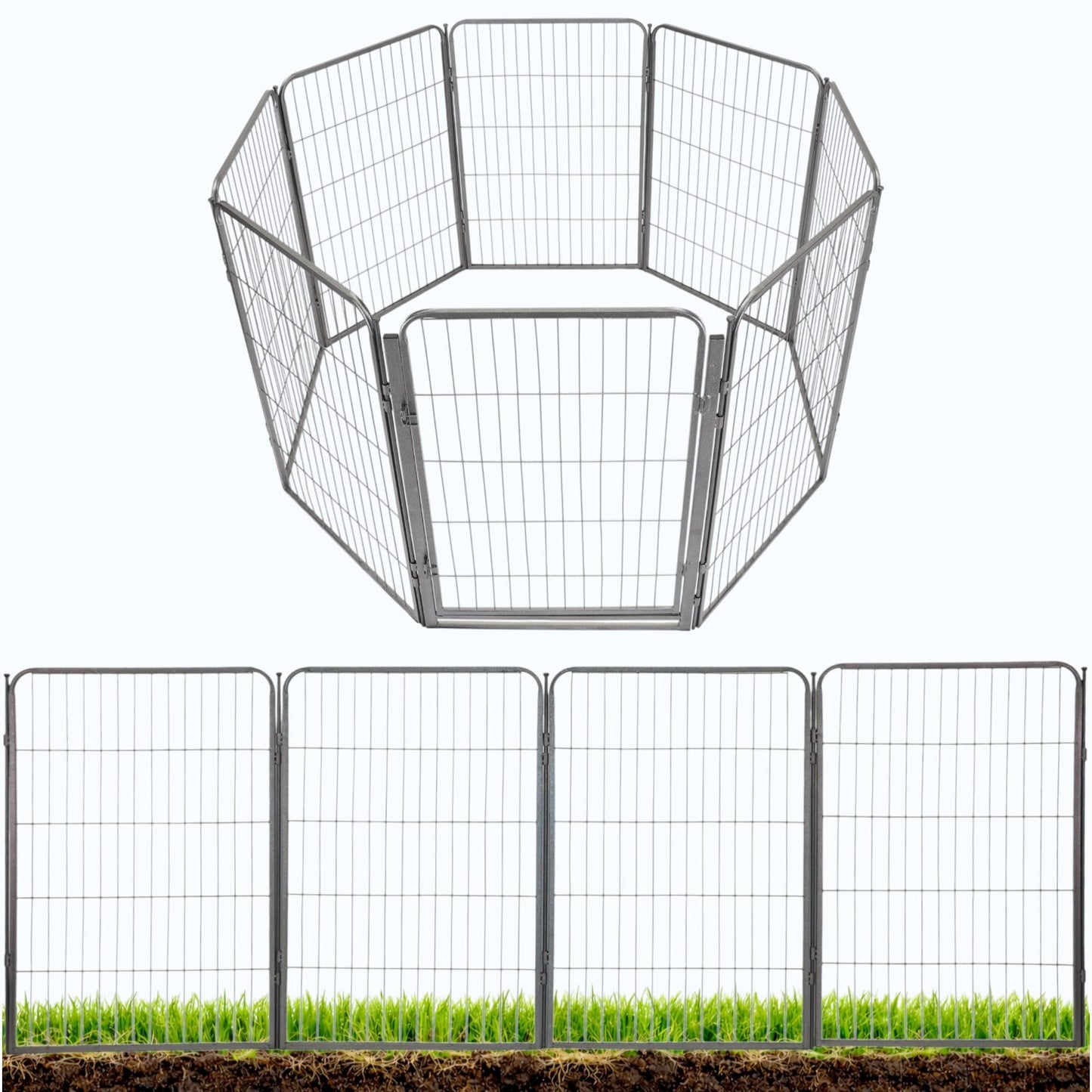 Kozy Kennels Decorative Outdoor Garden Fence - 40in, 8 Panels - Grey Heavy Duty Metal Fencing w/Anti-Rust Coating & Extra Wide Gate for Yard, Flower Bed Border, Dog & Animal Barrier