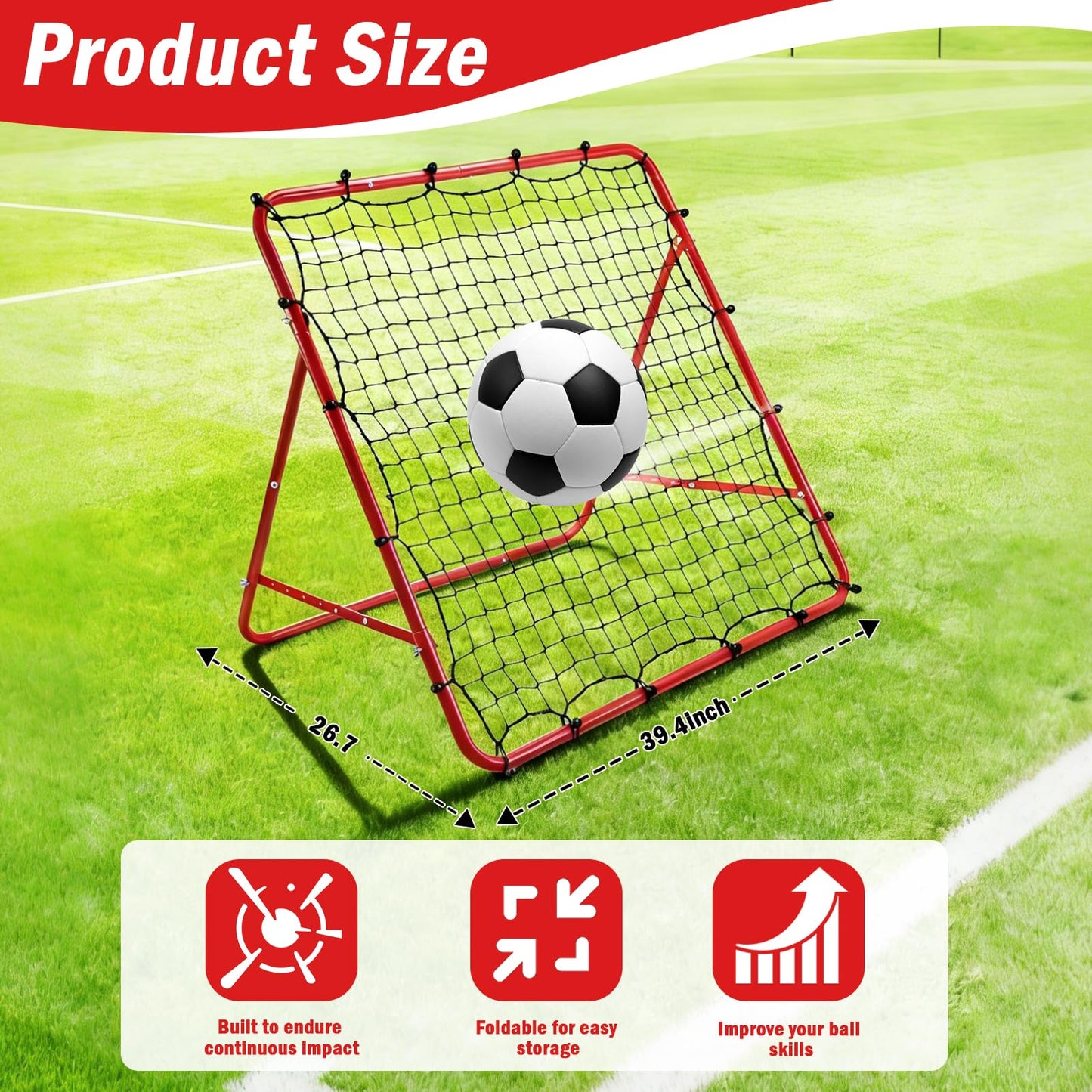 Soccer Rebounder Net, Adjustable Angle Football Training Equipment with Steel Frame, Portable Folding Rebound Net for Passing and Control Practice, Easy Setup Outdoor Sports Gear for Youth and Adults