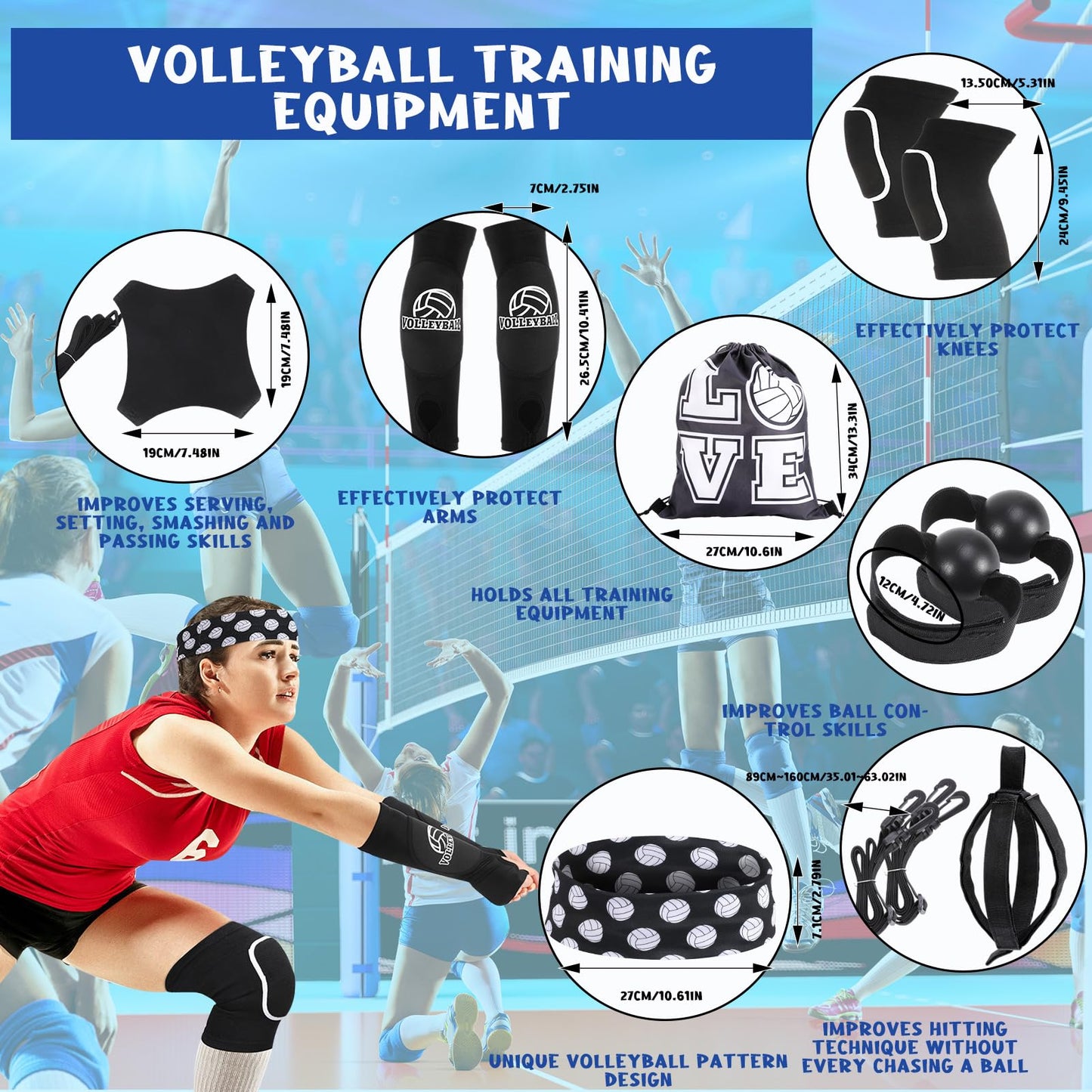 Hoemwarm 8 Pcs Volleyball Training Equipment Aid Kit, Girls Volleyball Trainer Knee Pads Elastic Belt Hand Straps Arm Sleeves Bags Spike Trainer Gear Gifts for Beginners Coaching Supplies