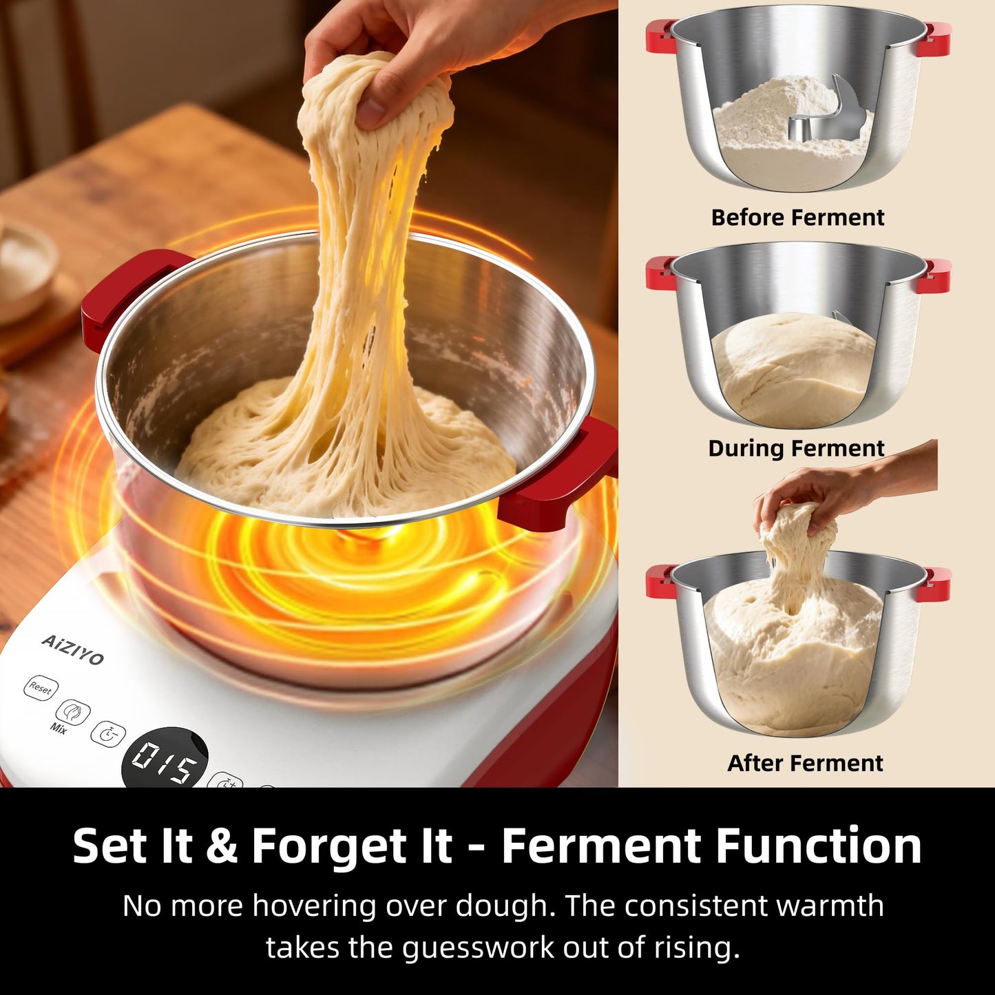 AIZIYO DoughChief, 7.4QT Dough Mixer, Dough Maker with Ferment Function, Bread Maker with 304 Stainless Steel Bowl, Removeable lid, Touch Panel Control, Proofing Box for Pizza & Bread