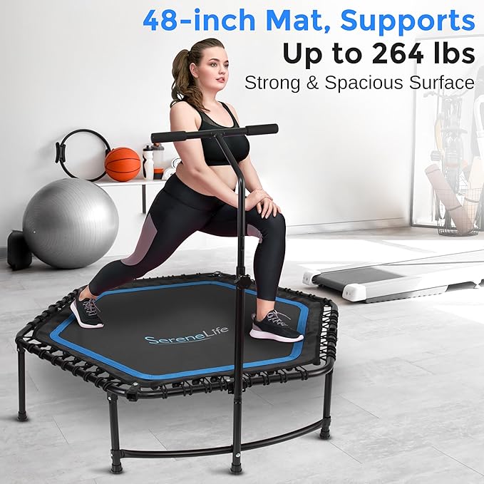 SereneLife 40"/50" Mini Trampoline for Adults - 450/550LBS Fitness Trampoline with Reinforced Springs & Adjustable Safety Handle - Stable & Quiet Supports Whole-Body Workout & Relaxation