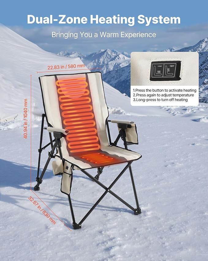 VEVOR Heated Camping Chair, 3 Heat Settings, High Back Folding Camping Chair, Supports 260lbs, Full Padded Beach Chairs with Armrest & Cupholder, Portable Lawn Chairs for Outdoor Sports Travel