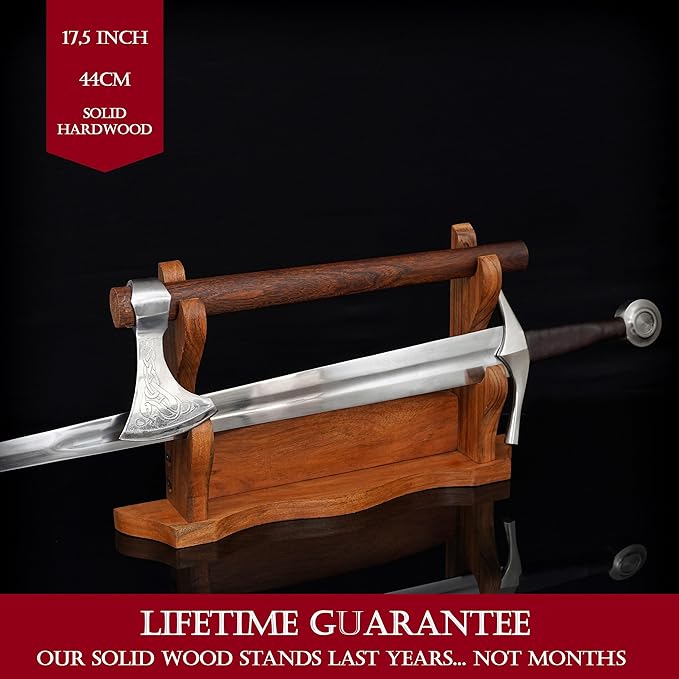 Mythrojan Solid Wood Sword Stand Wall Mount Display Rack for Medieval, Samurai, Katana & Knife Collections Durable, Stylish, Space-Saving Holder - Two Tier Stand