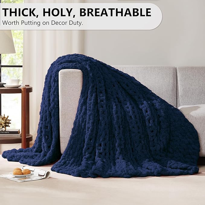 L'AGRATY Chunky Knit Blanket Throw: 72''x84'' Chenille Chunky Knitted Throw Blankets for Bed Couch - Handmade Thick Big Cable Knit Blanket - Large Crochet Blankets for Home Decor(Navy Blue)