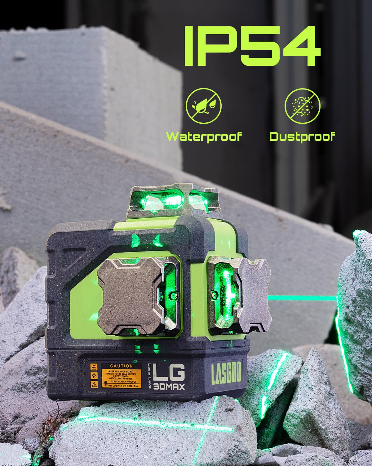 LasGoo LG-3DMAX 3x360° Green Laser Level, 3D Self-Leveling Cross Line Laser with 2 Rechargeable Lithium Batteries, Fine-Tuning Bracket Adapter, Green Laser Enhancement Glasses, and Hard Carrying Case