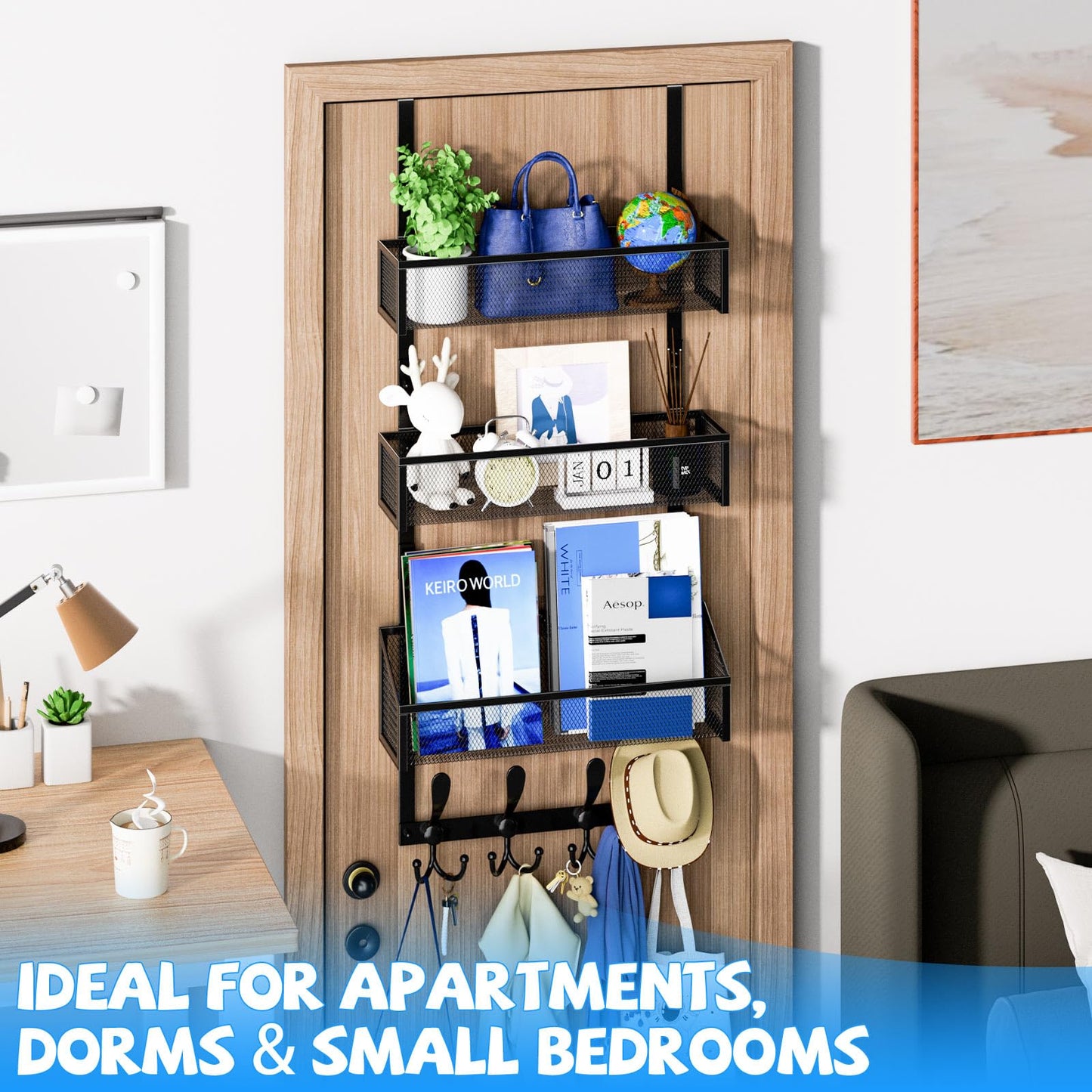 Kaiferty Over The Door Hooks Organizer, Coat Rack Over The Door Storage Hanger Towel Rack, Back of Door Storage Organizer for Bathroom,Bedroom,Kitchen,Office (Black, 4-Tier)