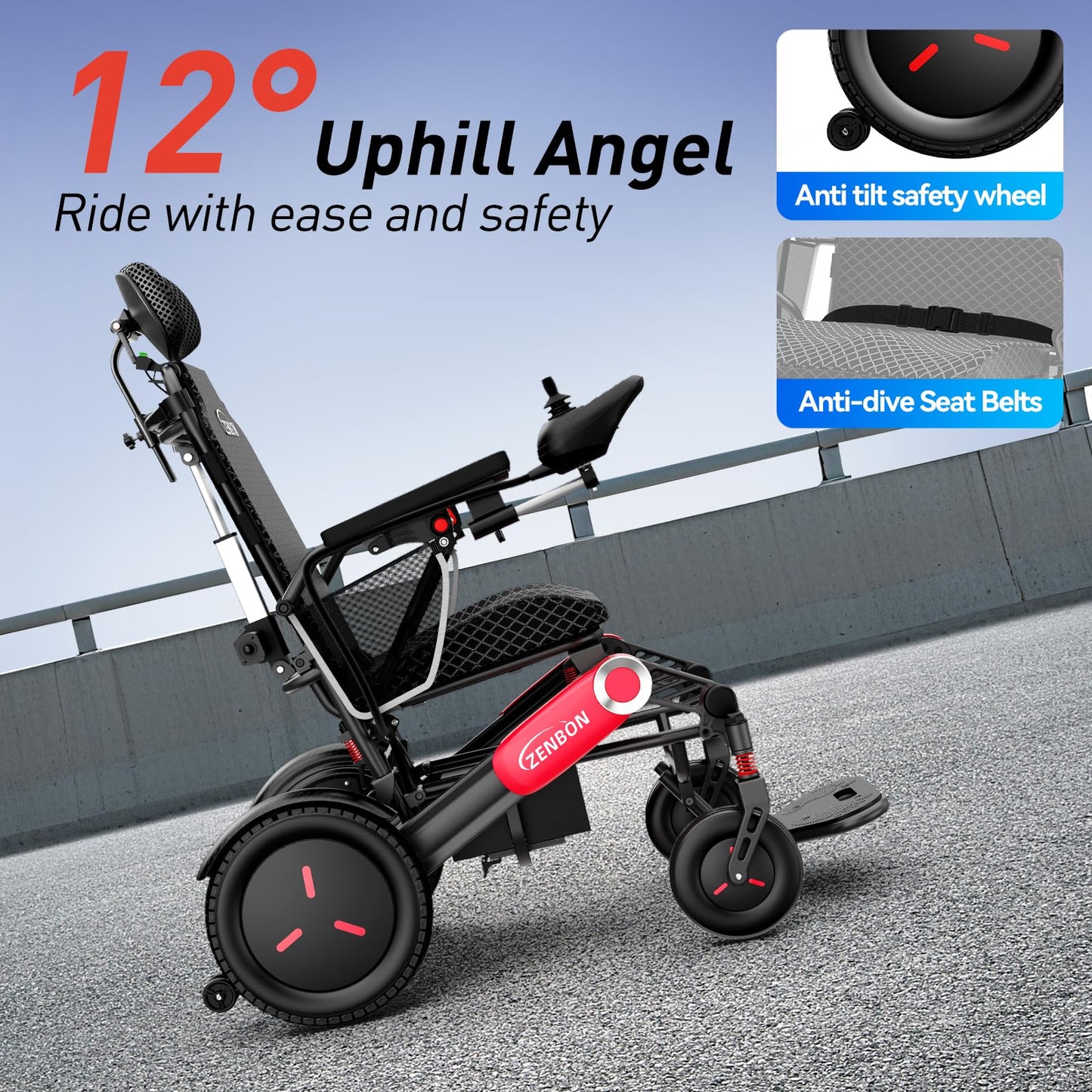 Electric Wheelchairs for Adults/Seniors ZENBON, 30 Miles Cruise Range, Automatic Backrest Adjustment Powered Wheelchair, Portable Foldable Lightweight All Terrain Electric Mobility Chair 632B