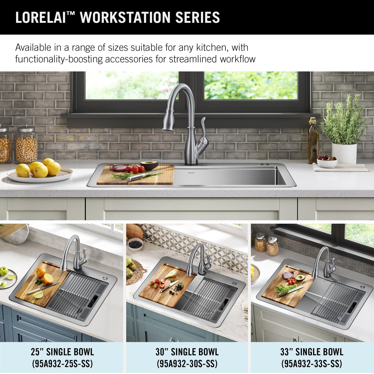 DELTA FAUCET 95A932-33S-SS Lorelai Workstation Kitchen Sink Drop-in Top Mount Stainless Steel Single Bowl with WorkFlow Ledge and Chef’s Kit of 5 Accessories