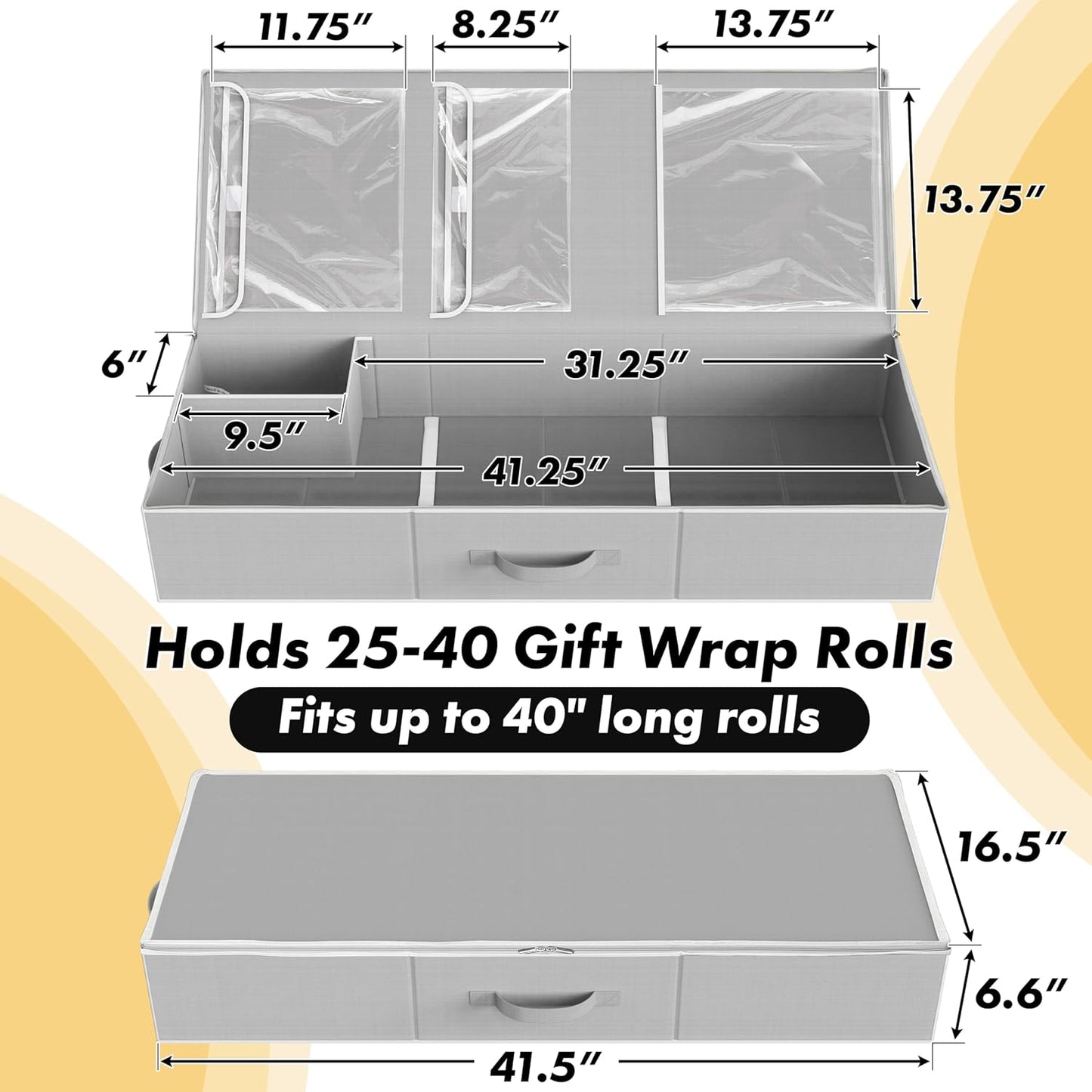Simple Houseware Wrapping Paper Storage Organizer - Holds 40 Rolls, Adjustable Straps & Clear Pockets, 41.5''L x 16''W, Gray