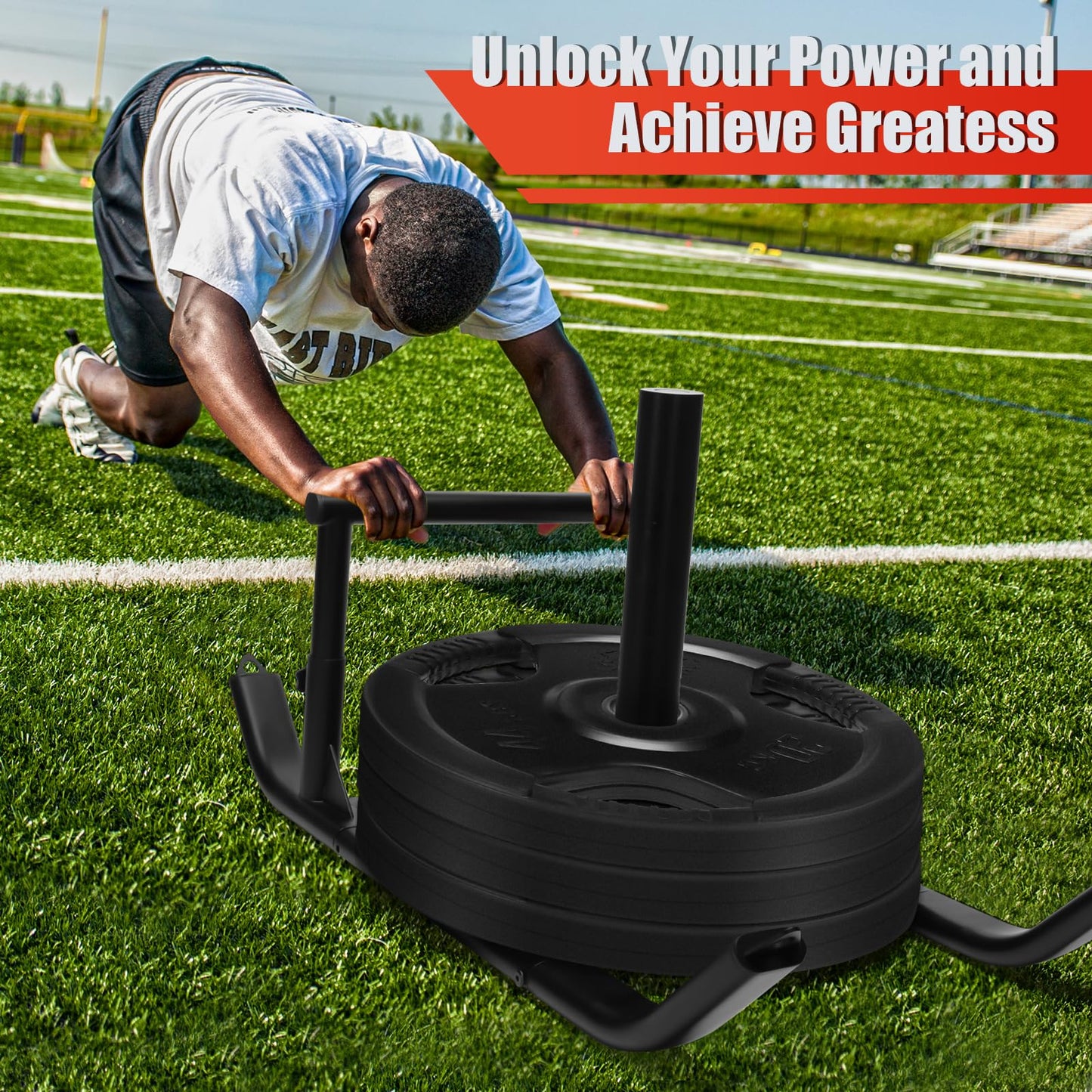 GDFISH Large Weight Sled, Adjustable Height Handle Push Sleds, Workout Fitness Sled for Training Running Speed, Compatible with 1" & 2" Weight Plate, Easy Obstacle Clearance for Grass, Sand, Cement