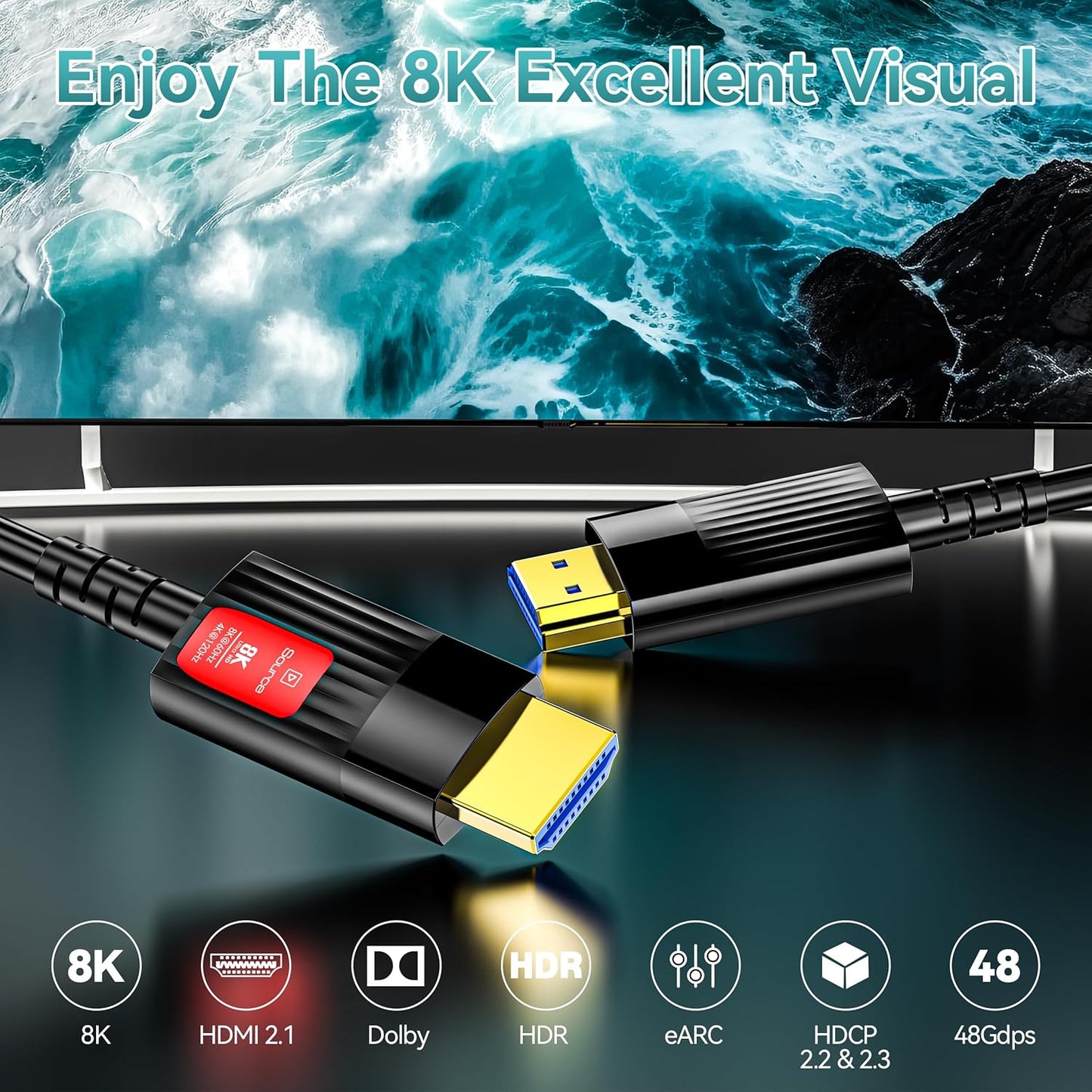 20FT/6M, 2.1 48Gbps 8K@60Hz 4K@120Hz 2.2&2.3/Dolby Fiber Optic HDMI Cable Long HDMI Cable Support High Speed Dynamic
