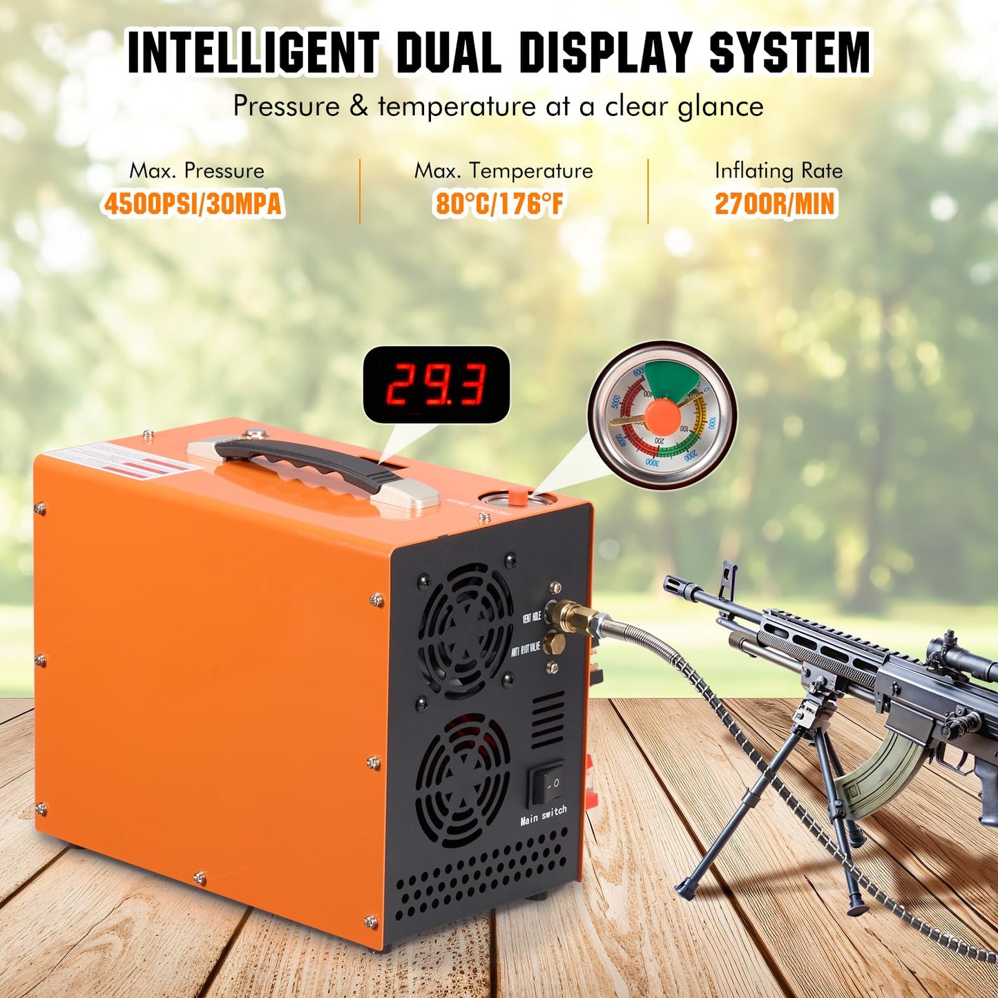 PCP Air Compressor with Atuo Shut-Off, Portable 4500Psi/30Mpa, Water/Oil-Free, One Button Start, Bursting Disc, 12V DC/120V AC PCP Airgun Compressor, Rifle/Pistol and Paintball Tank Air Pump (Orange)