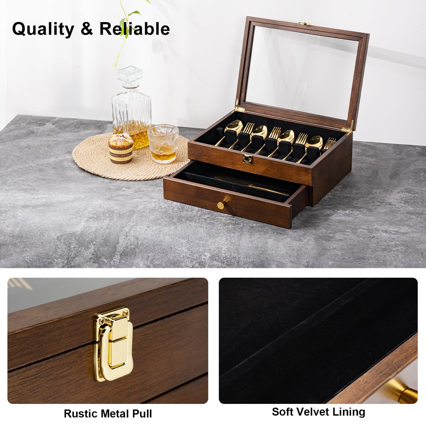 Yoimori Silverware Box, 2-Layer Wooden Silverware Storage Box with Glass Lid, 14.5×10.6 Inches Luxury Style Decor Flatware Storage Case for Fine Flatware & Utensils, Gift Idea (Walnut)