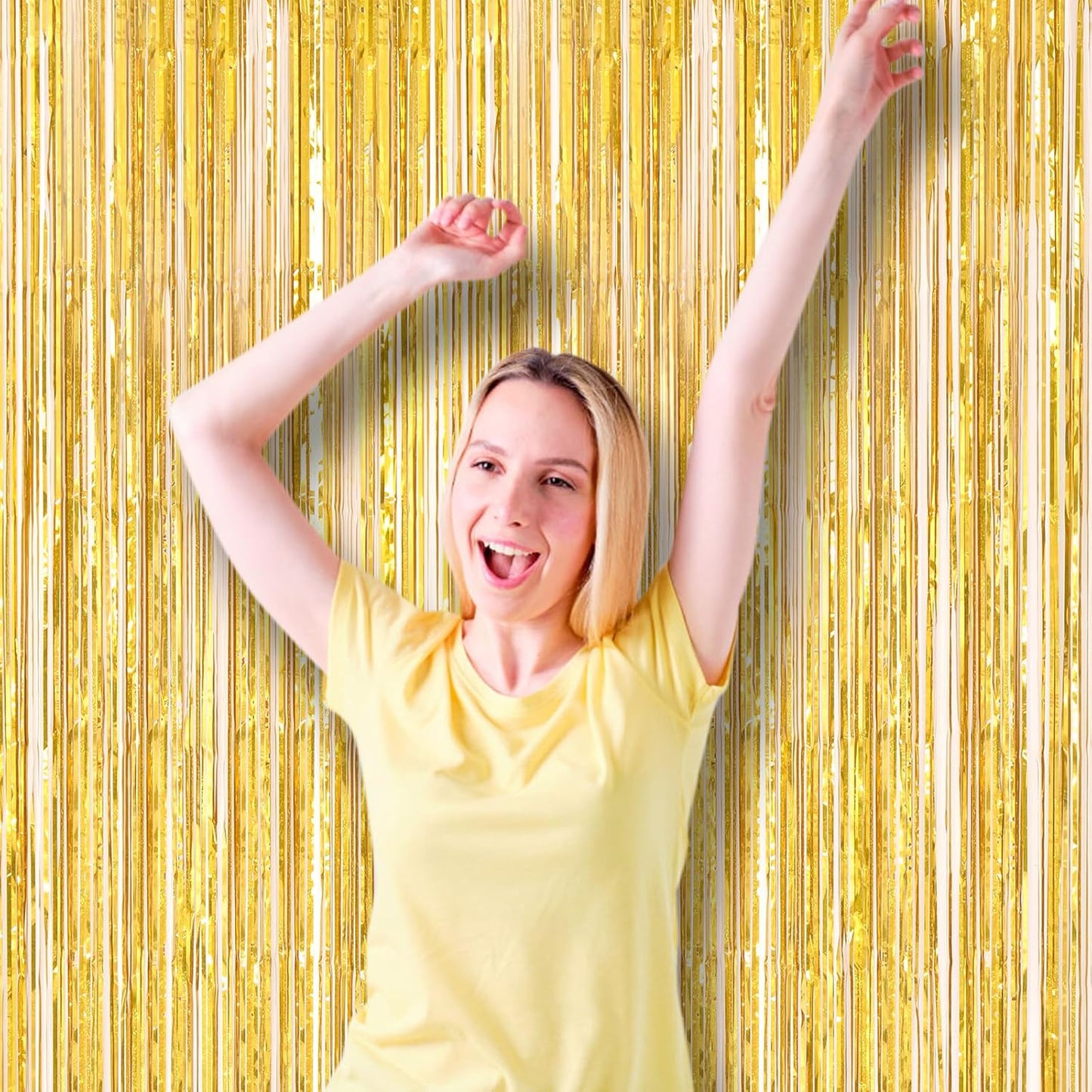 Voircoloria Laser Gold Foil Fringe Backdrop Curtains - 3 Pack Tinsel Streamers for Parties & Events | 3.3 x 8.2 ft