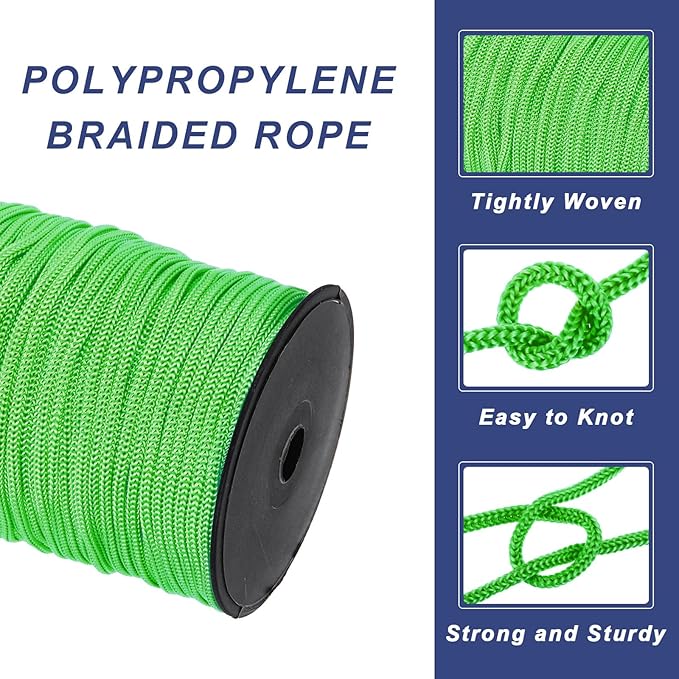 MECCANIXITY 3/16 Inch Polypropylene Rope Braided Ropes, 328ft Nylon Rope Hollow Utility Cord for Clothesline, Camping, Hiking, Outdoor, Light Green