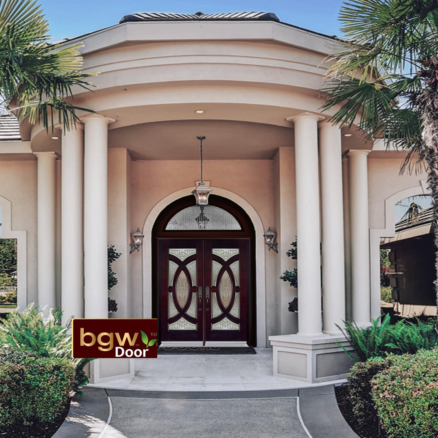 BGW Doors - Exterior Wood Door with Decorative Glass Pre-Hung Pre-Finished Double Entry Door M705- Righthand Swing 61 1/" X 81 "X 5 1/4"
