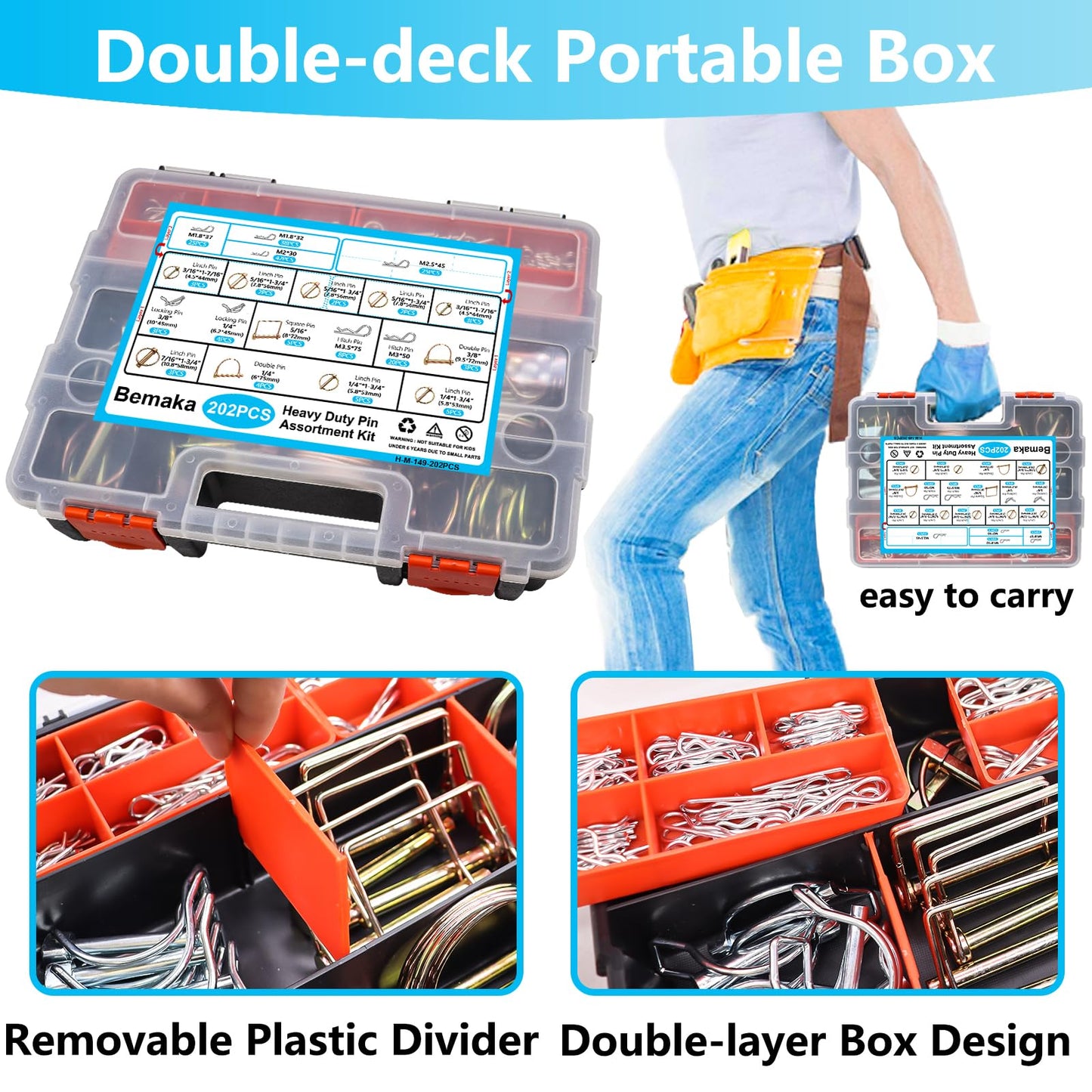 Bemaka 202Pcs Hitch Pins Clip Pins Assortment Kit, Heavy Duty Hitch Pins R Clip, Linch Pins, PTO Pins Trailer Truck Towing Tractor Accessories Three-Point Accessories for Lawn Garden Farm Equipment