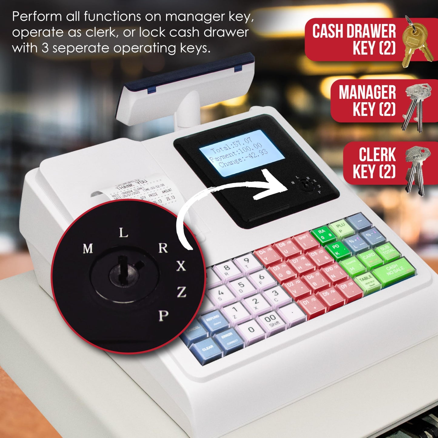 Cash Register for Small Businesses, 50 Dept 50 Clerks, 4700 Lookups Quick Load Thermal Printer, Steel Cash and Coin Drawer, White