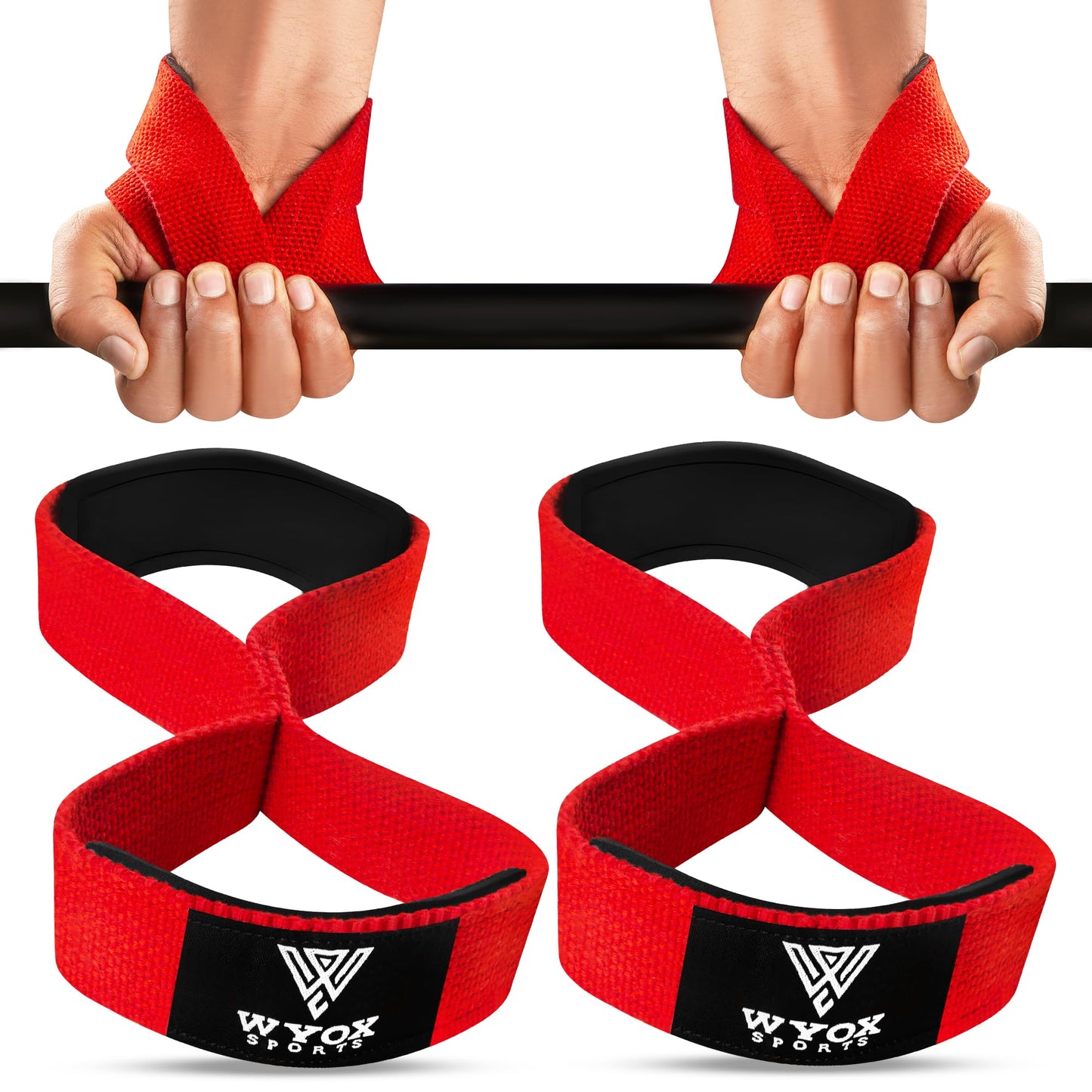 WYOX Figure 8 Weight Lifting Straps for Weightlifting Heavy Duty Deadlifting Workout Straps | Wrist Wraps Gym Equipment Gear Men Women PAIR (Red, Standard)