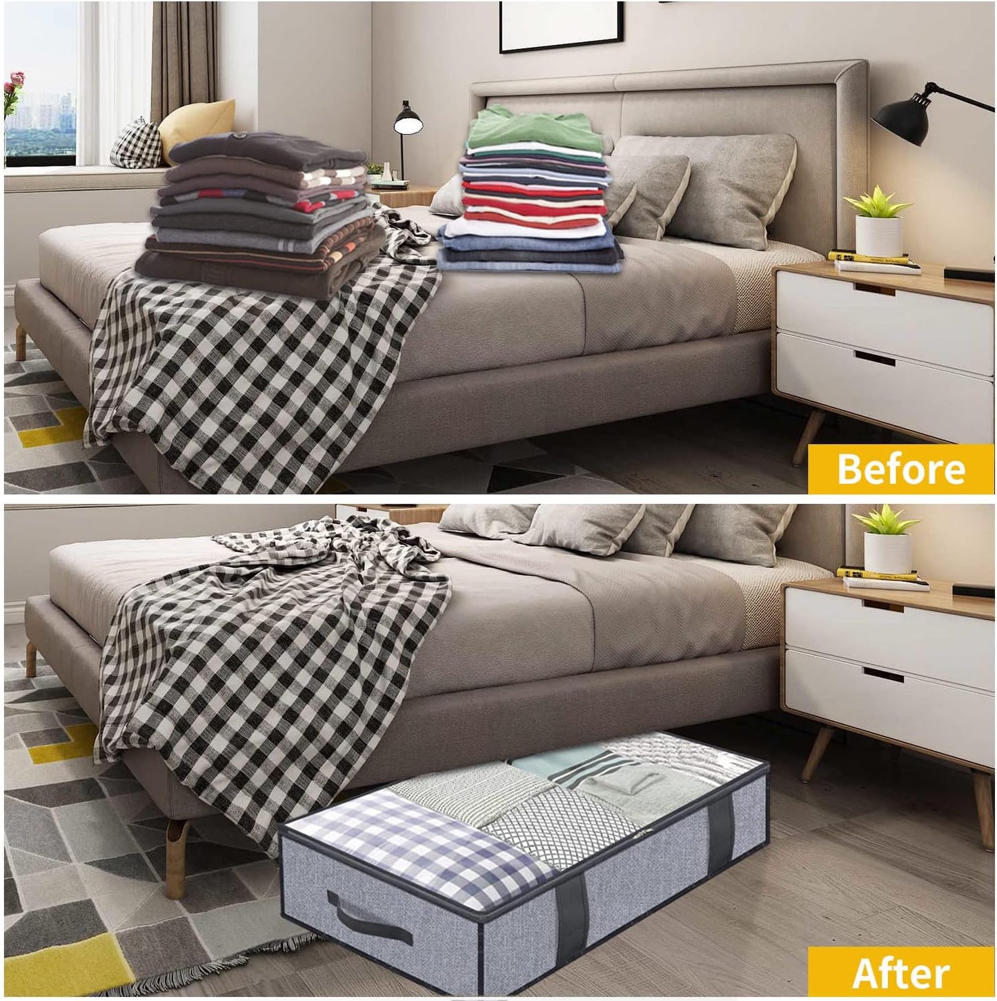 Onlyeasy Foldable Underbed Storage Bags - Breathable Organizer for Blankets & Clothes | 2 Pack, Linen-like Grey, 39.4x19.7x5.9 in