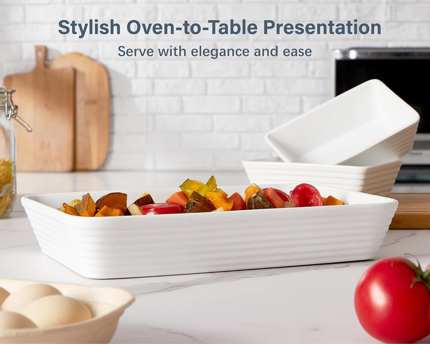 ONEMORE Ceramic Baking Dish - 9x13 Large Rectangular Casserole Pan for Lasagna & Family Meals - Ribbed White Bakeware