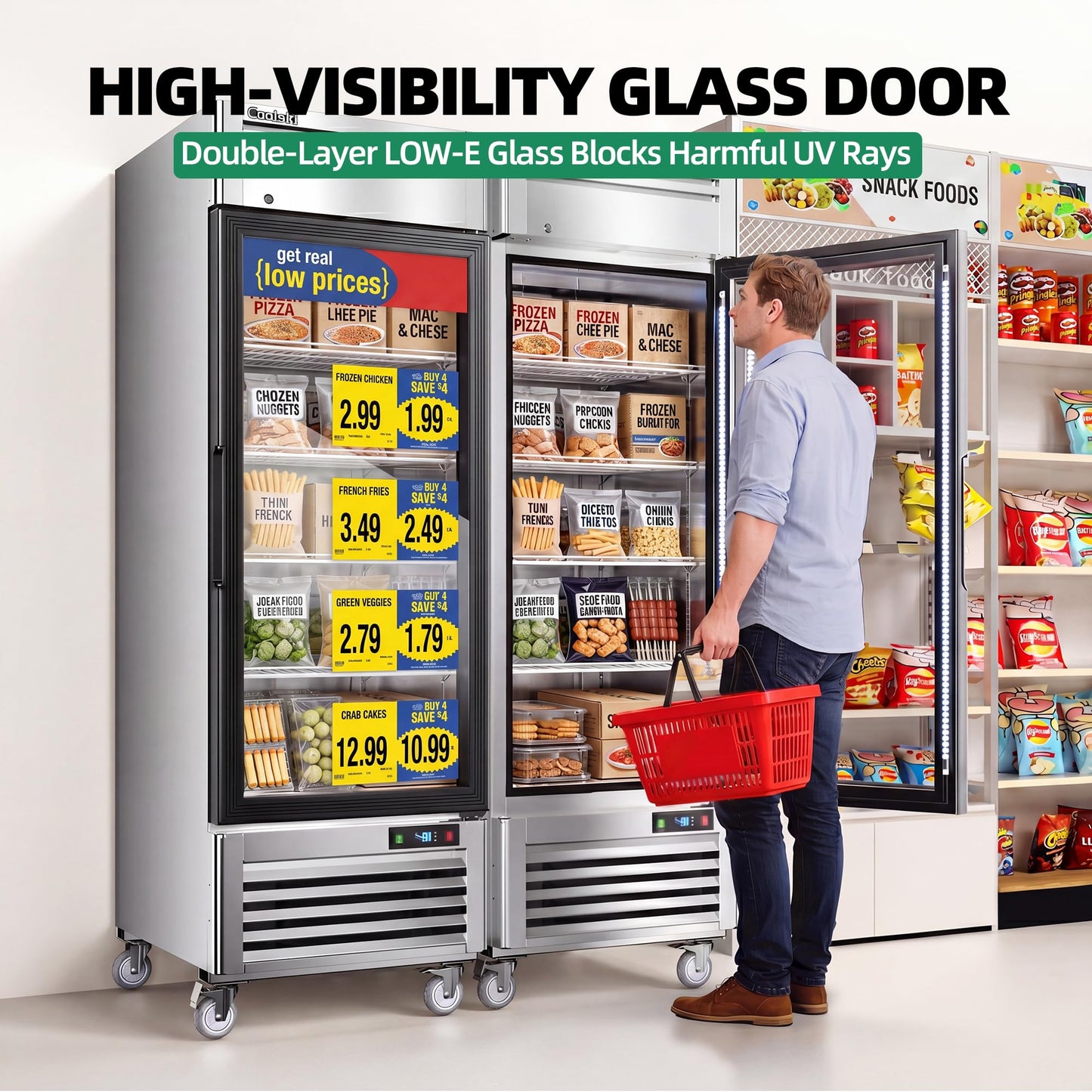 Coolski Commercial Display Freezer with Single Glass Door, 21.8 Cu.ft. Upright Merchandiser Freezer for Ice Cream and Frozen Food, Adjustable Shelves, Auto Defrost, LED Lighting, ETL DOE Certified