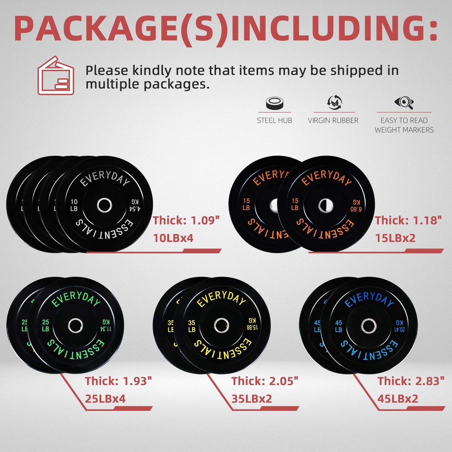 Fitvids Olympic Bumper Plates Set 2' Weight Plates for Strength Training & Weightlifting Set: 280 lbs (4x 10LB+2x 15/25/35/45 LB Pairs)