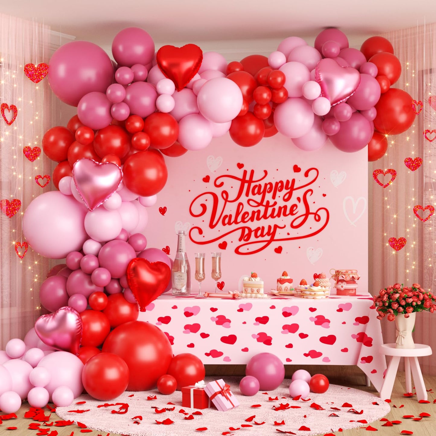 Valentines Day Balloon Arch Kit, Valentine Pink Red Heart Balloons with Rose Petals for Bachelorette Bridal Wedding Memorial Engagement Birthday Galentines Romantic Valentines Party Decorations
