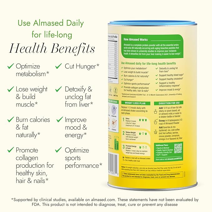 Almased Protein Powder for Weight Loss Kit for Men & Women, Natural Meal Replacement Shake for Weight Loss, Supplement, 24 Grams of Protein Per Serving (Almond Vanilla Flavor, 3 Cans @ 17.6 oz ea + Scoop)