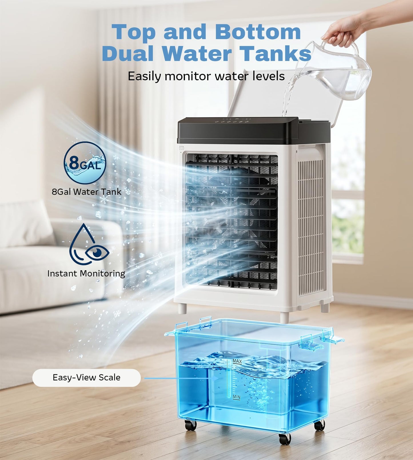 AKIRES 2200CFM Swamp Cooler,Evaporative Air Cooler with 8.0-Gal Water Tank, 4 Ice Packs, Portable Air Conditioners with Remote Control,12H Timer,Evaporative Cooler for Indoor,Outdoor Use (40IN)