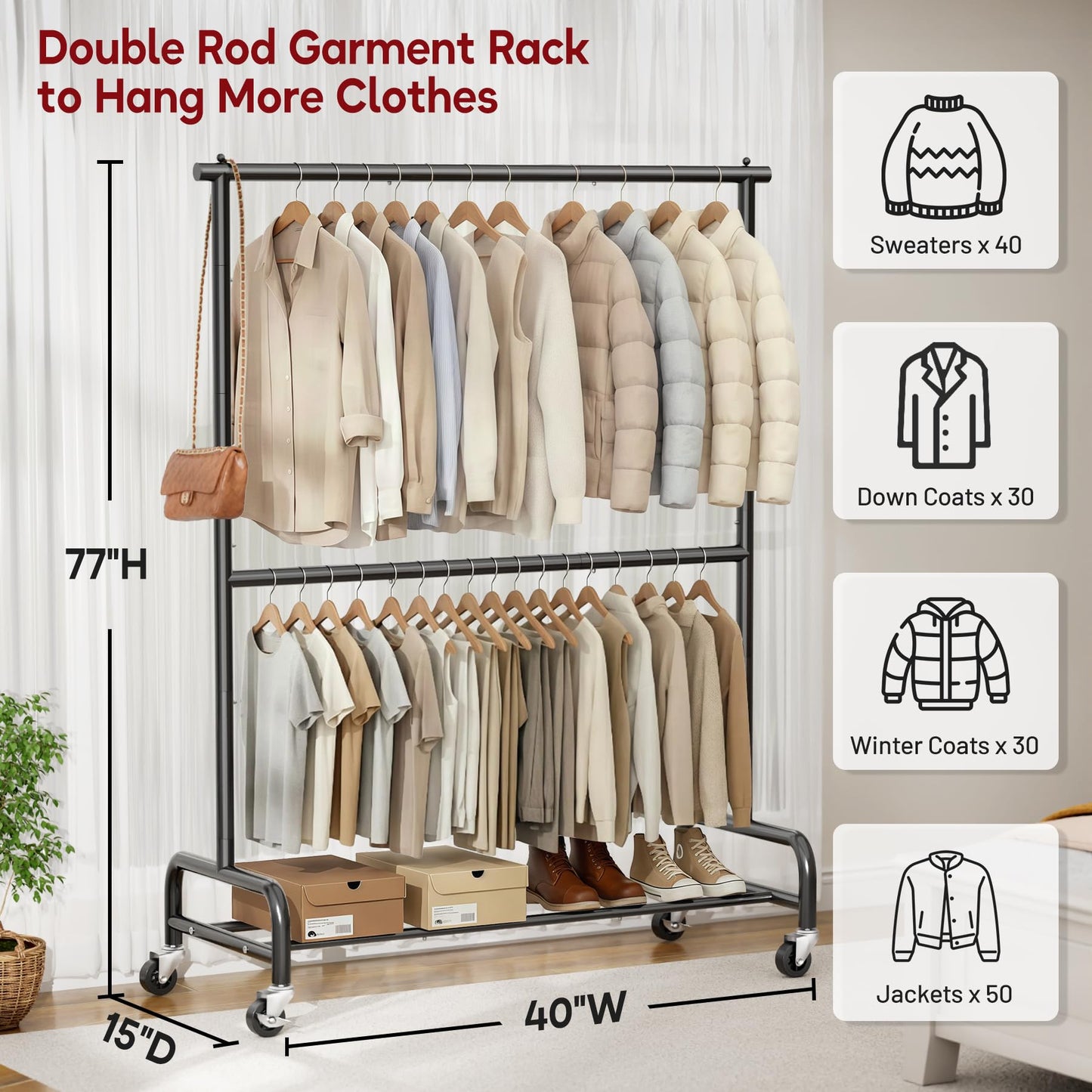 SLEEPING LAMB Heavy Duty Clothes Rack with Wheels, Metal Rolling Garment Rack for Hanging Coats, Shirts (Black)