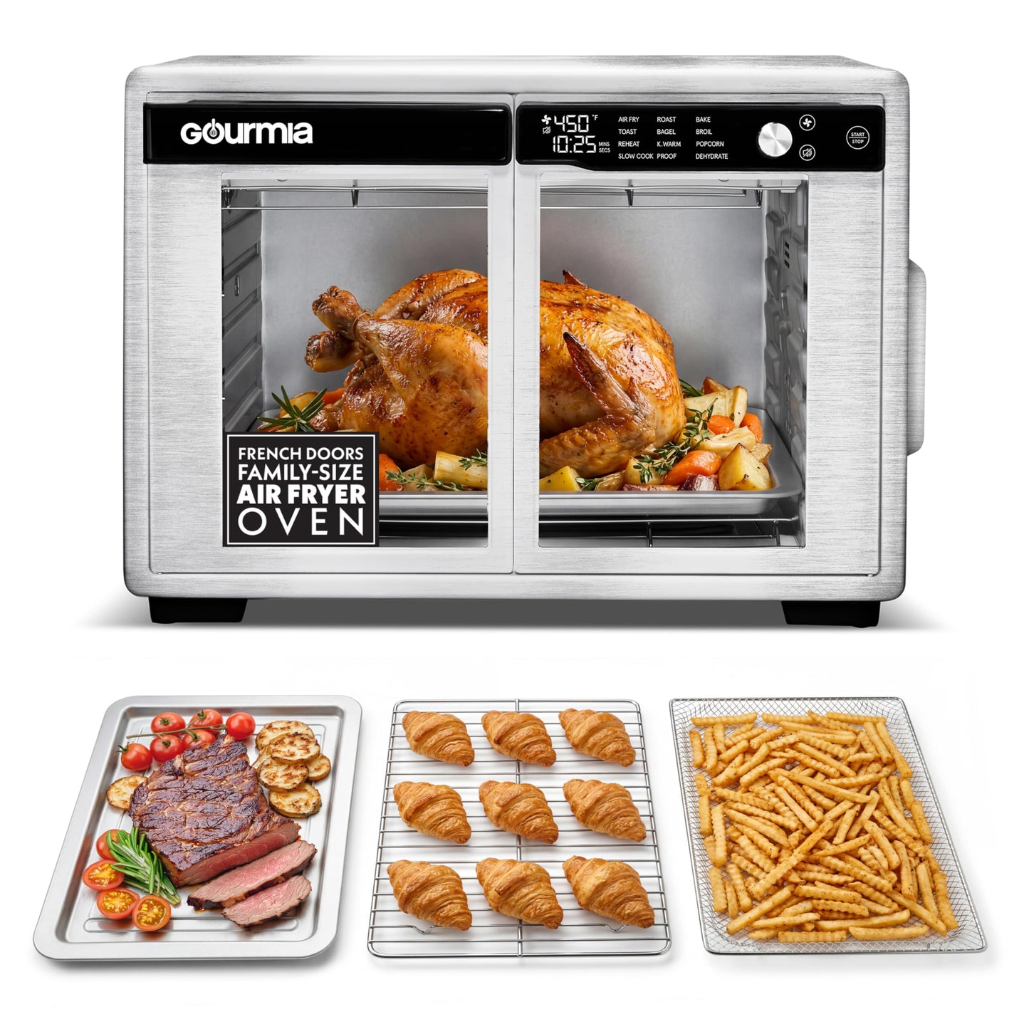 Gourmia French Door Air Fryer Oven - 37 Qt Large Capacity Convection Toaster Oven, FryForce 360°, Digital Display, 12 Cooking Presets, Dehydrate, Fits 13” Pizza, Dishwasher-Safe, Stainless Steel
