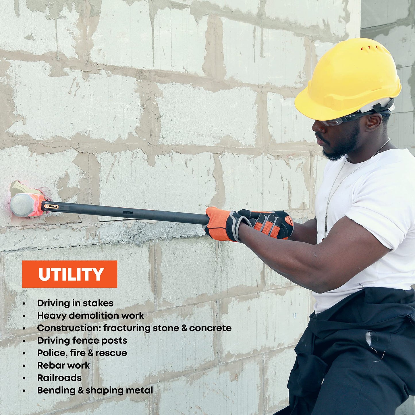 Groz Heavy Duty Sledge Hammer, 14 lb Head, 30 in Indestructible Handle with 6 Spring Steel Bars, 50-58 HRC Forged Head, Rubber Grip, Hi-Vis Orange, BS 876 / ANSI/SANS 387:2014 (34516)