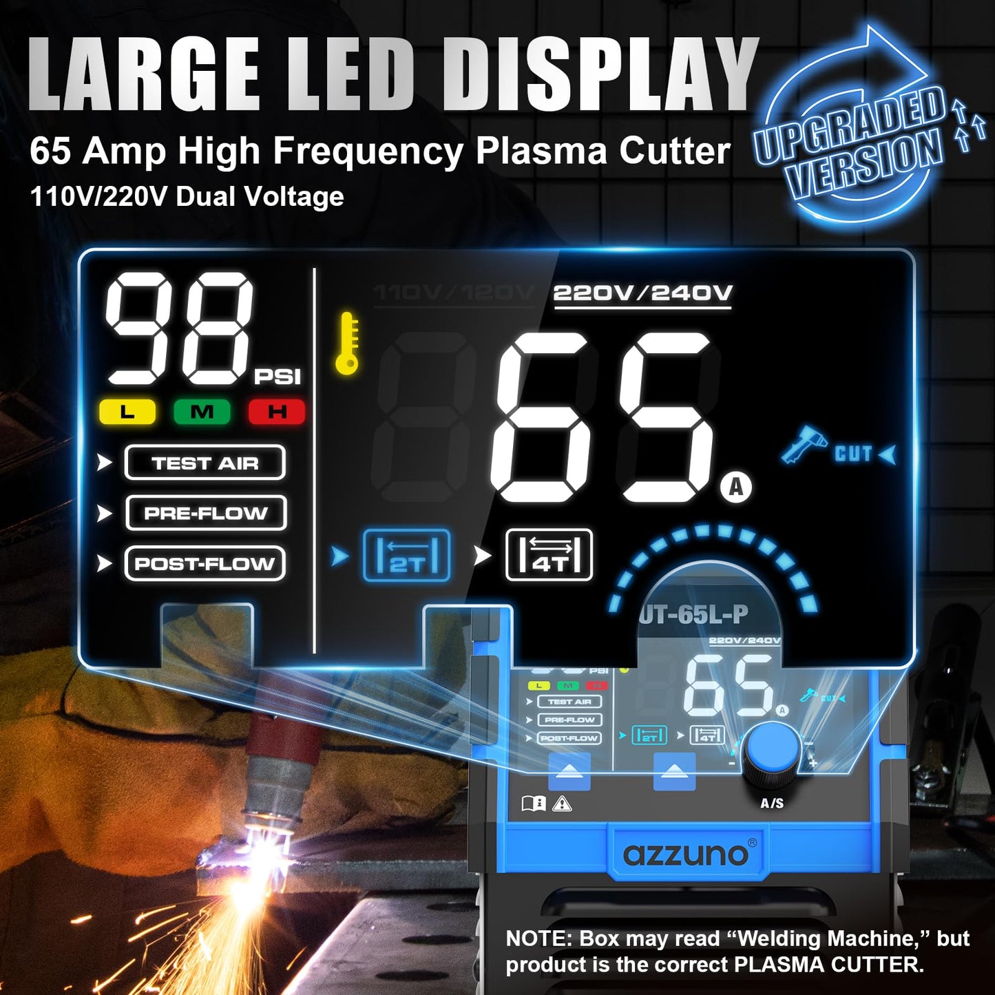 AZZUNO Plasma Cutter 65Amps, Non-Touch Pilot Arc, 110/220V Dual Voltage Large LED Display Plasma Cutting Machine, IGBT Inverter Air Sensor Technology, Max Cut 1" Plate/Mesh Cutting